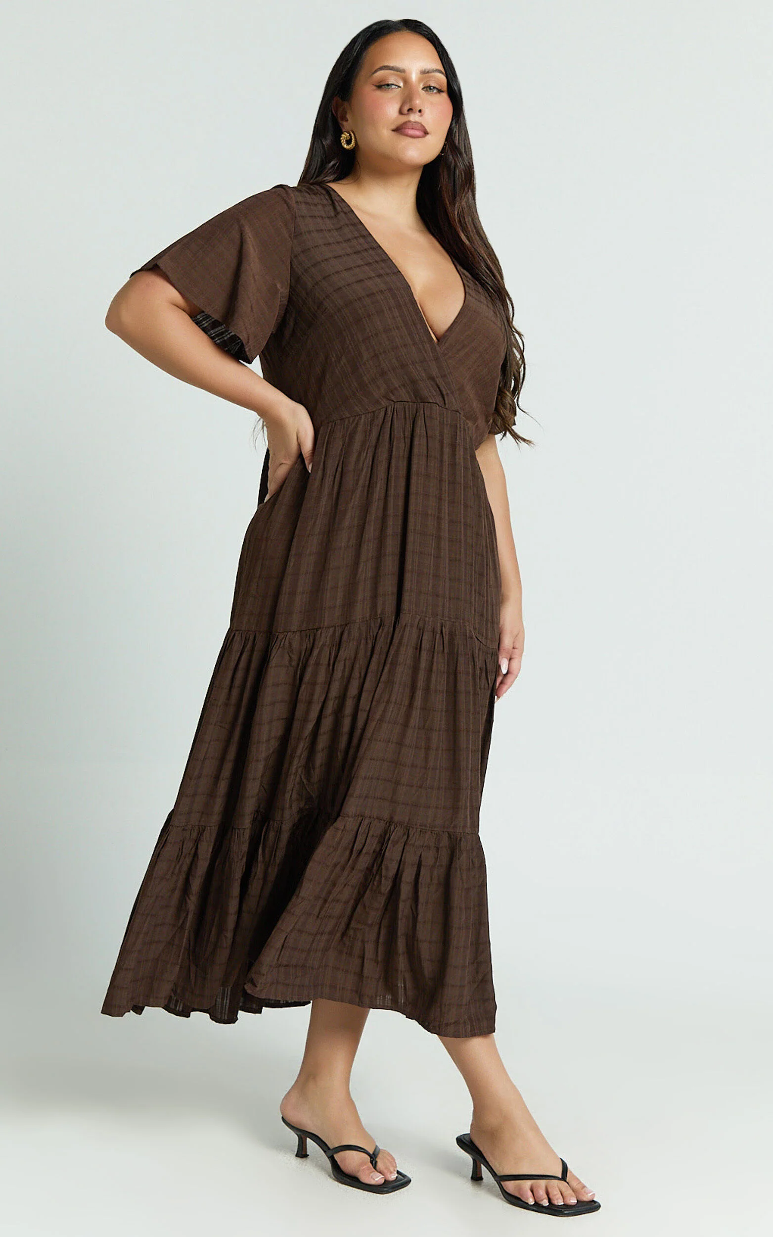 Cryzel Midi Dress - Flutter Sleeve Tiered Dress in Chocolate