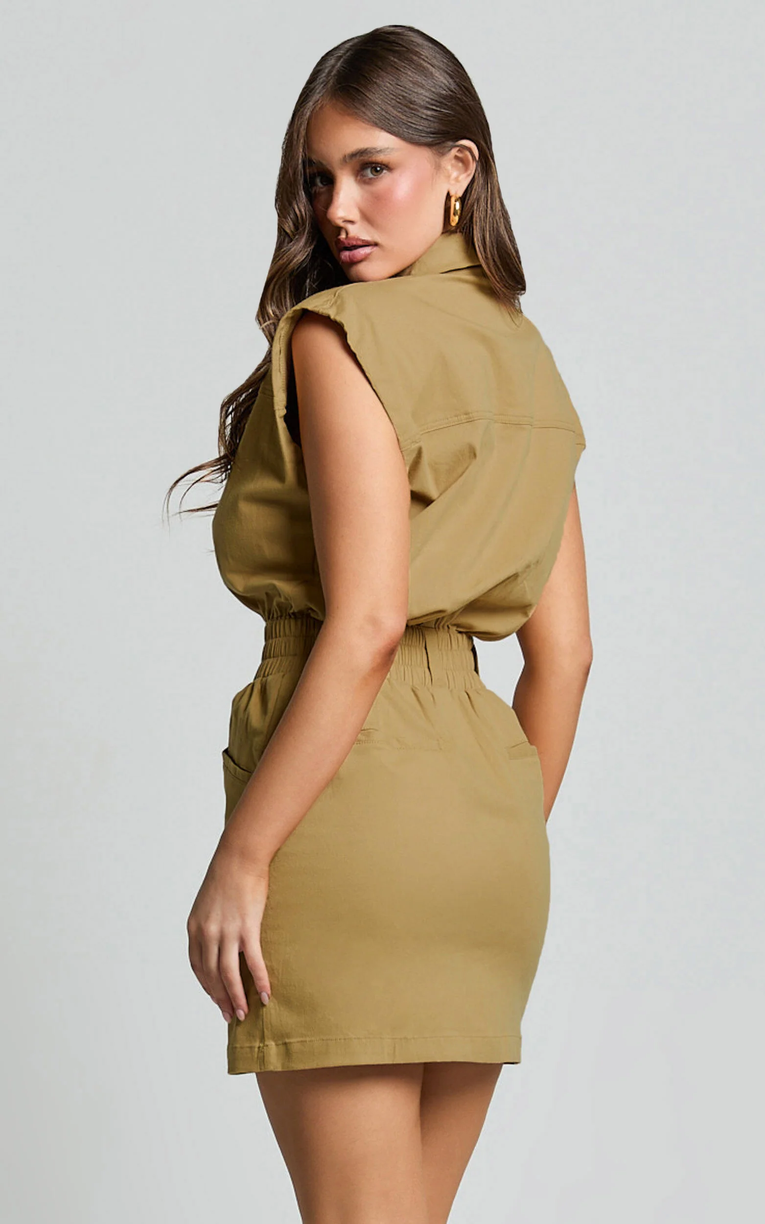 Dana Mini Dress - Collared Button Front Utility Dress in Dessert Taupe