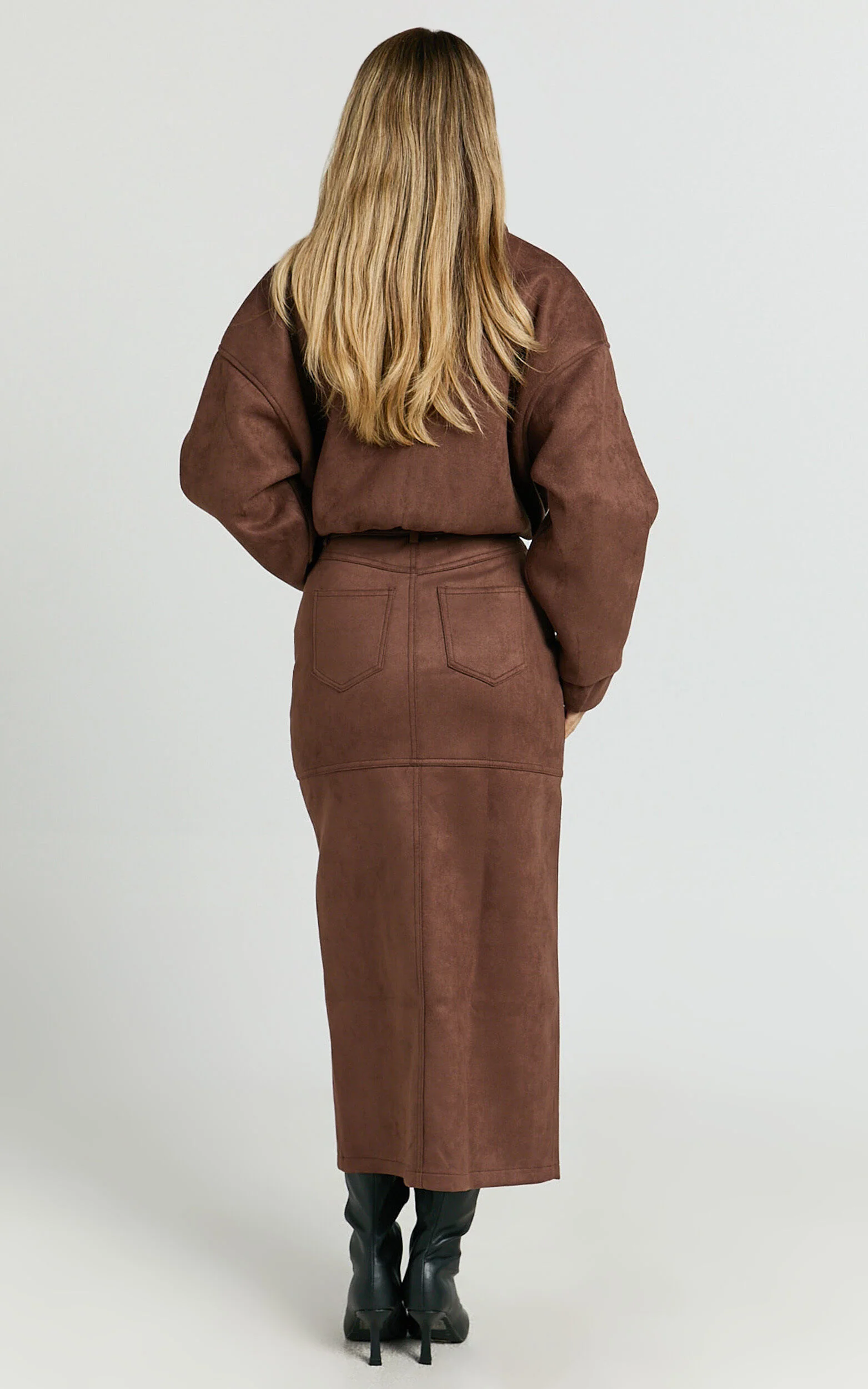 Nessa Midi Skirt - High Waisted Fitted Suede Skirt in Dark Chestnut