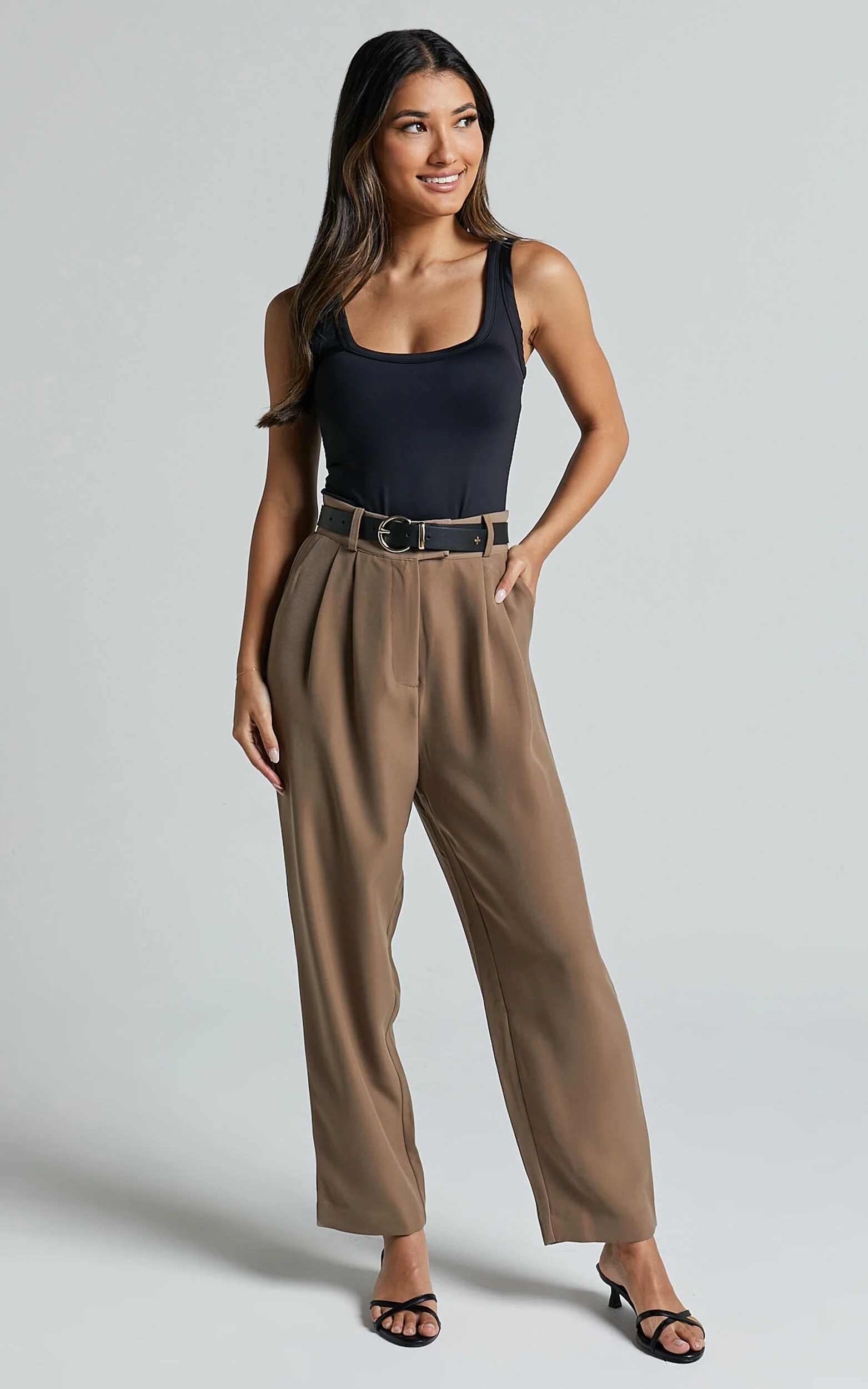 Delailah Pants - Tailored High Waisted Pleat Front Tapered Leg in Cappuccino