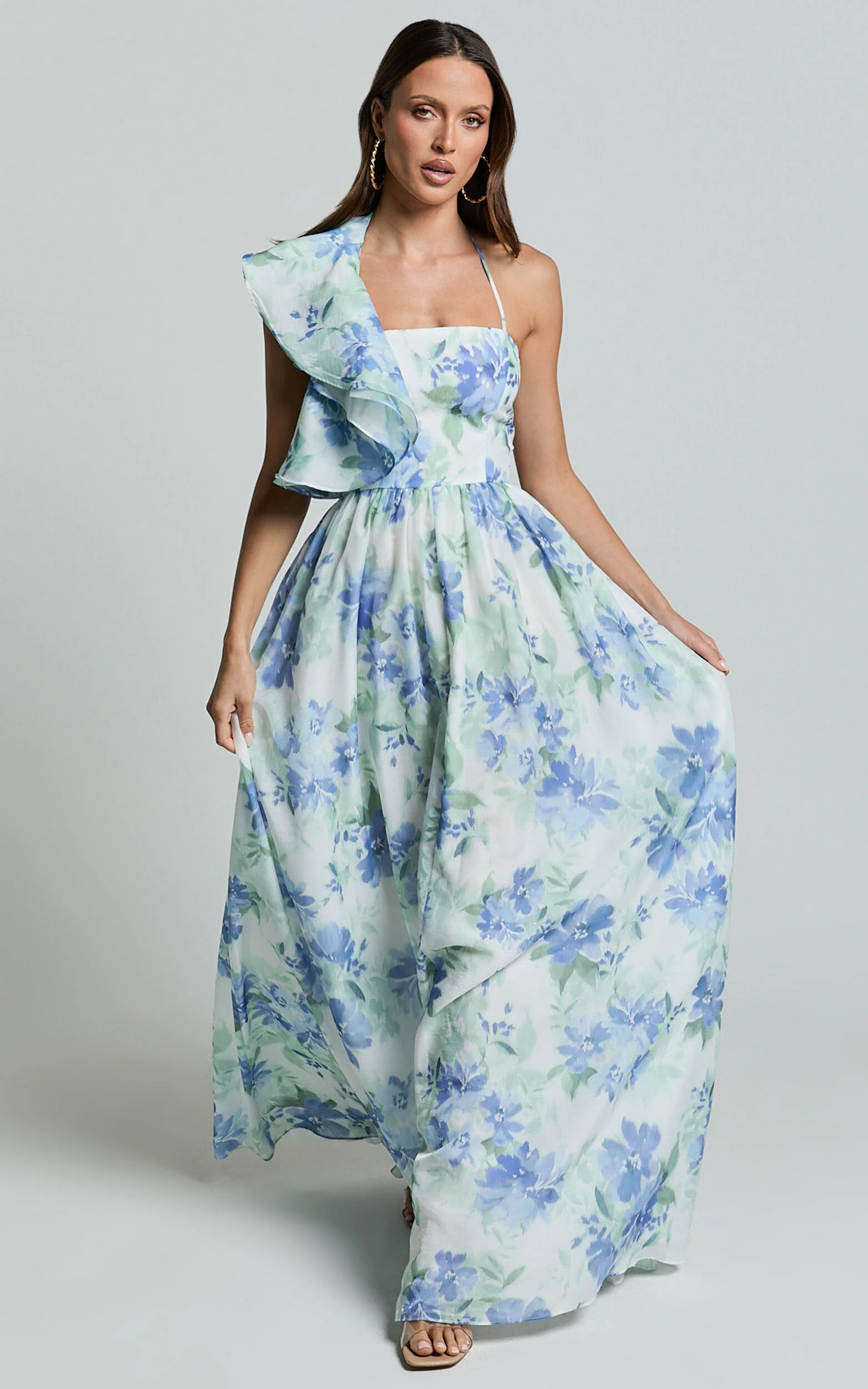 Amalie The Label - Fleur Halter Ruffle Detail A Line Maxi Dress in Elysian Print