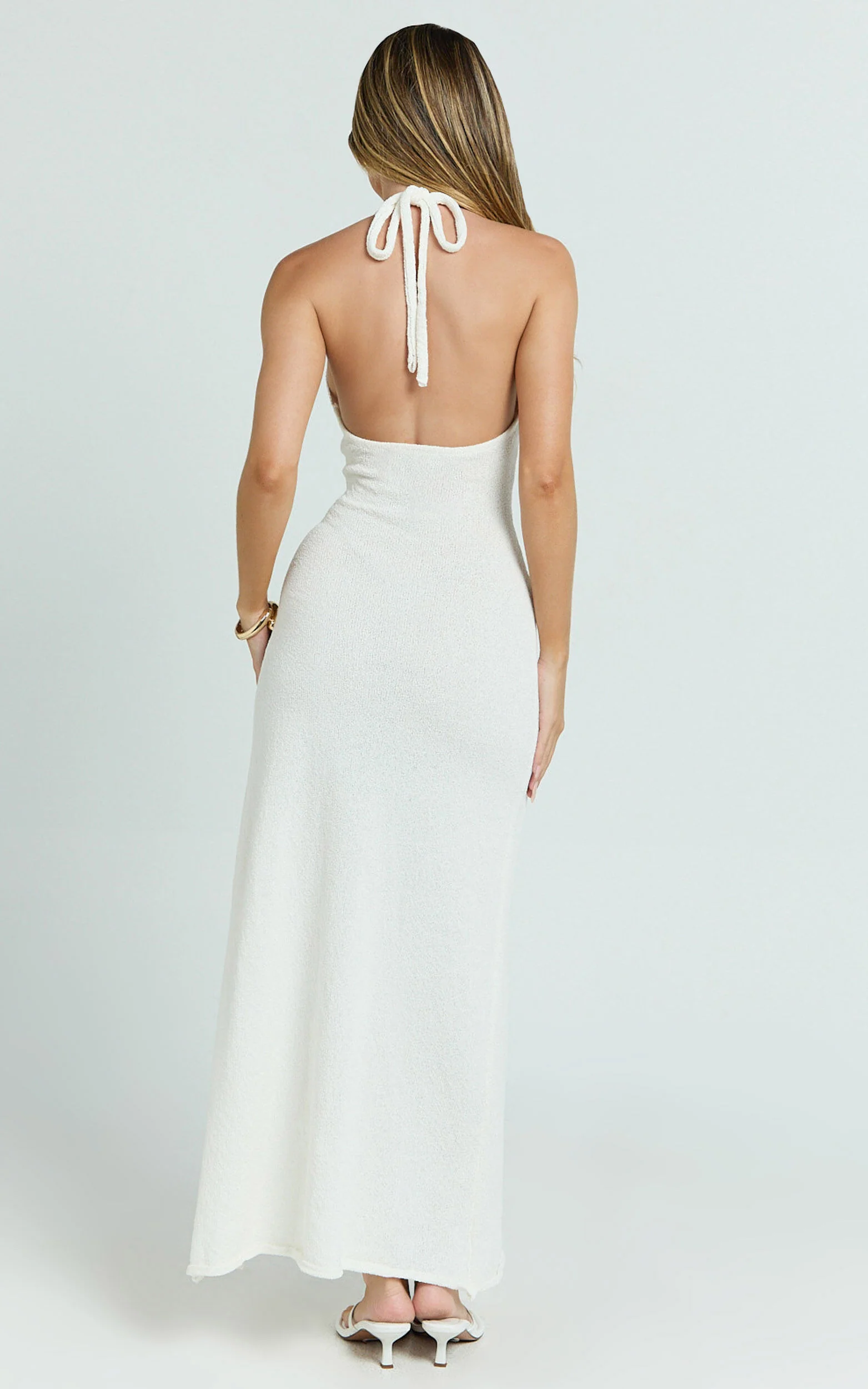 Nikola Midi Dress - Plunge Halter High Split Knit Dress in Cream