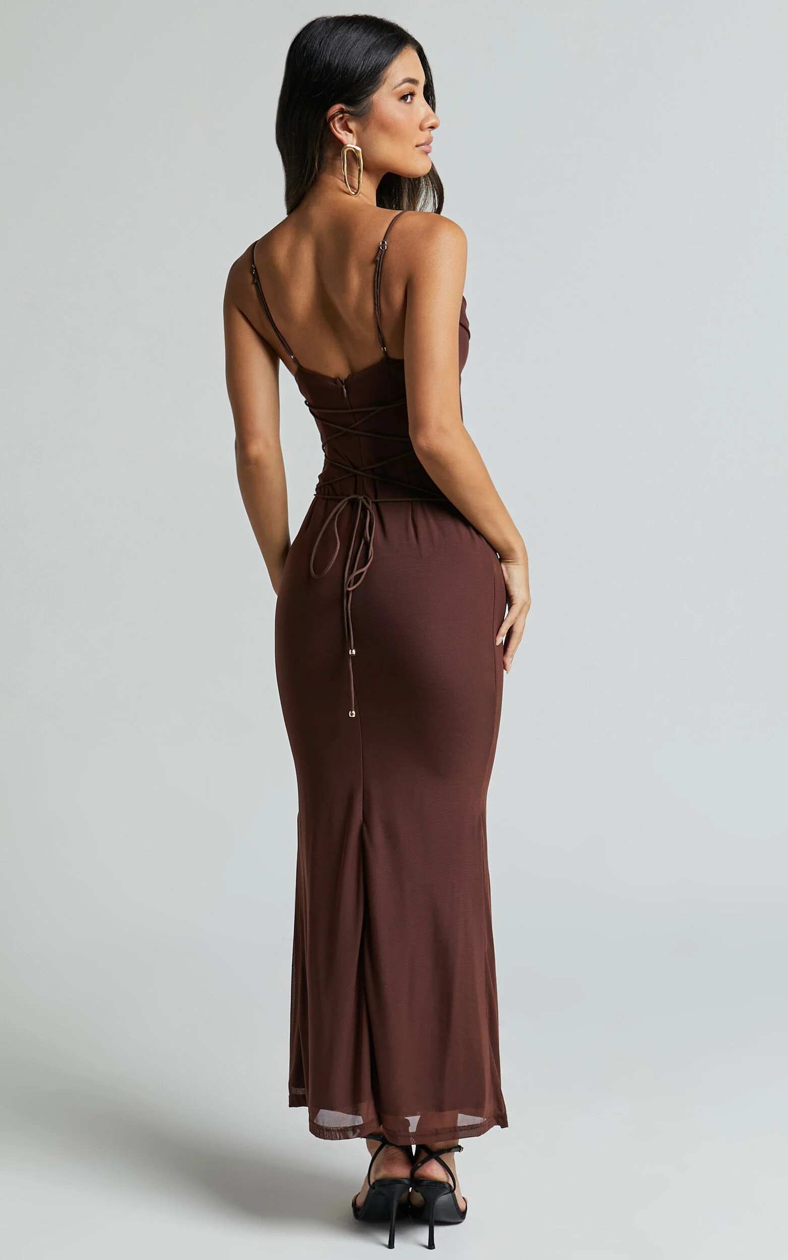 Ariel Midi Dress - Mesh Bodycon Tie Detail Dress in Chocolate