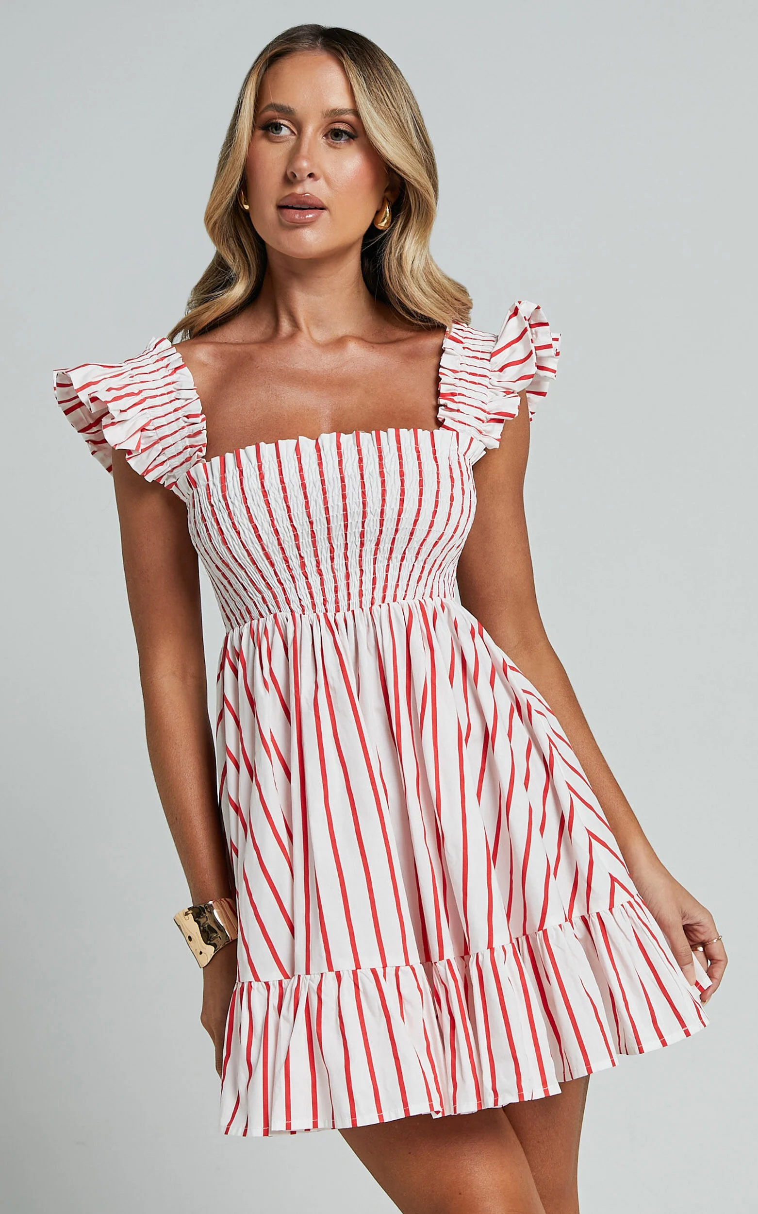 Brynlee Mini Dress - Elastic Chest Flutter Sleeve Hem Dress in Red Stripe