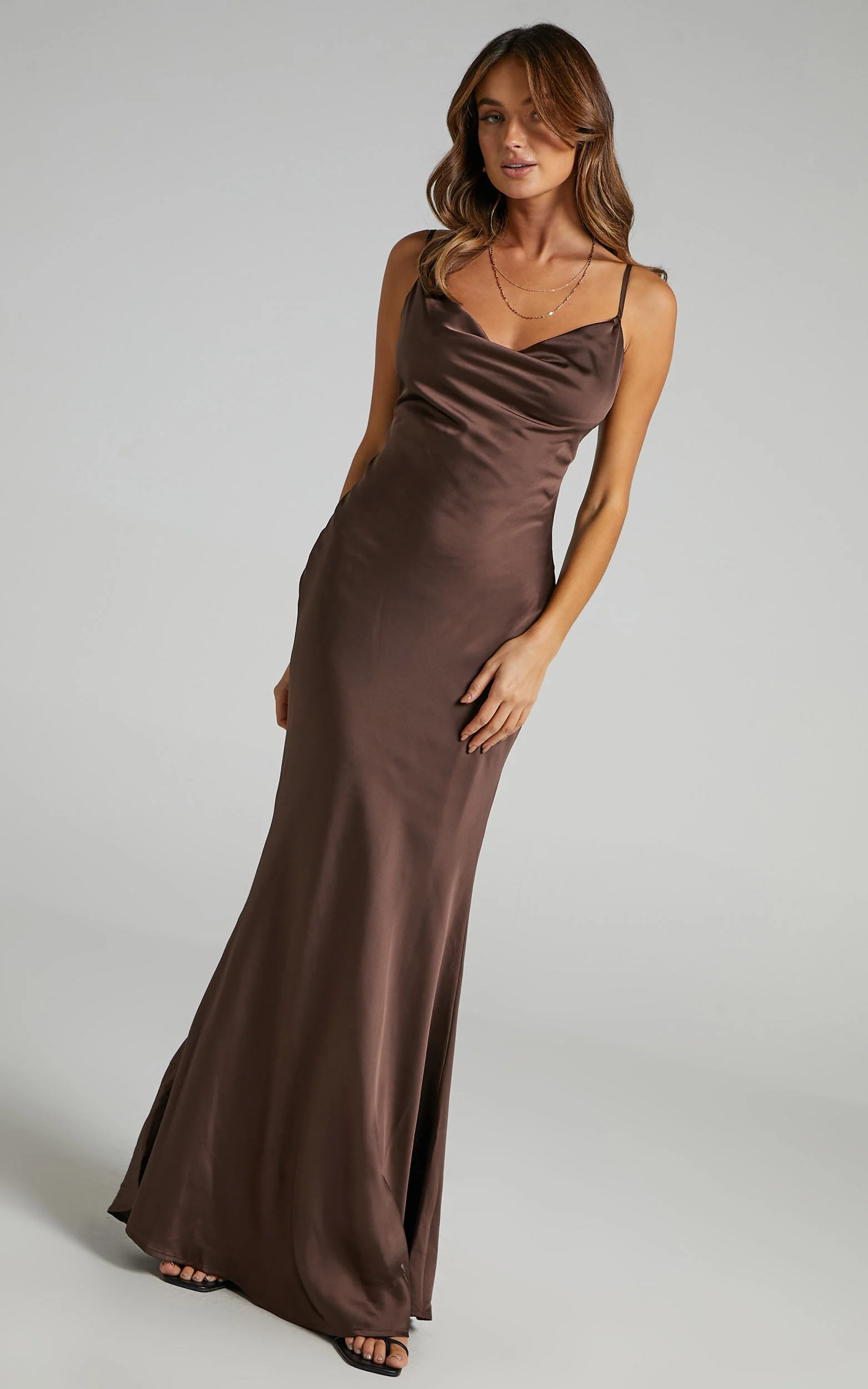 Lunaria Maxi Dress - Cowl Mermaid Slip Dress in Chocolate Satin