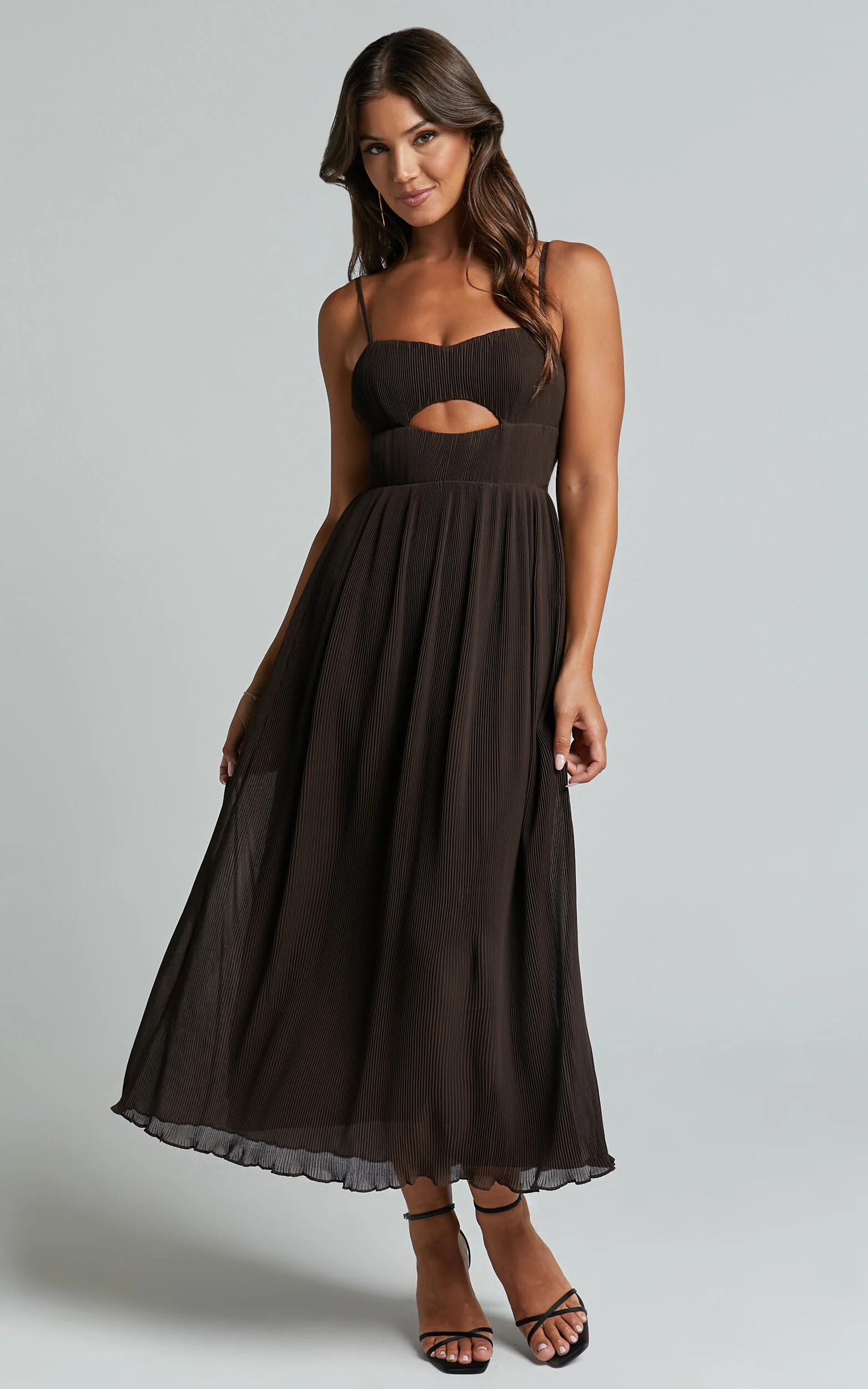 Ezri Midi Dress - Strappy Cut Out Pleated A Line Dress in Chocolate