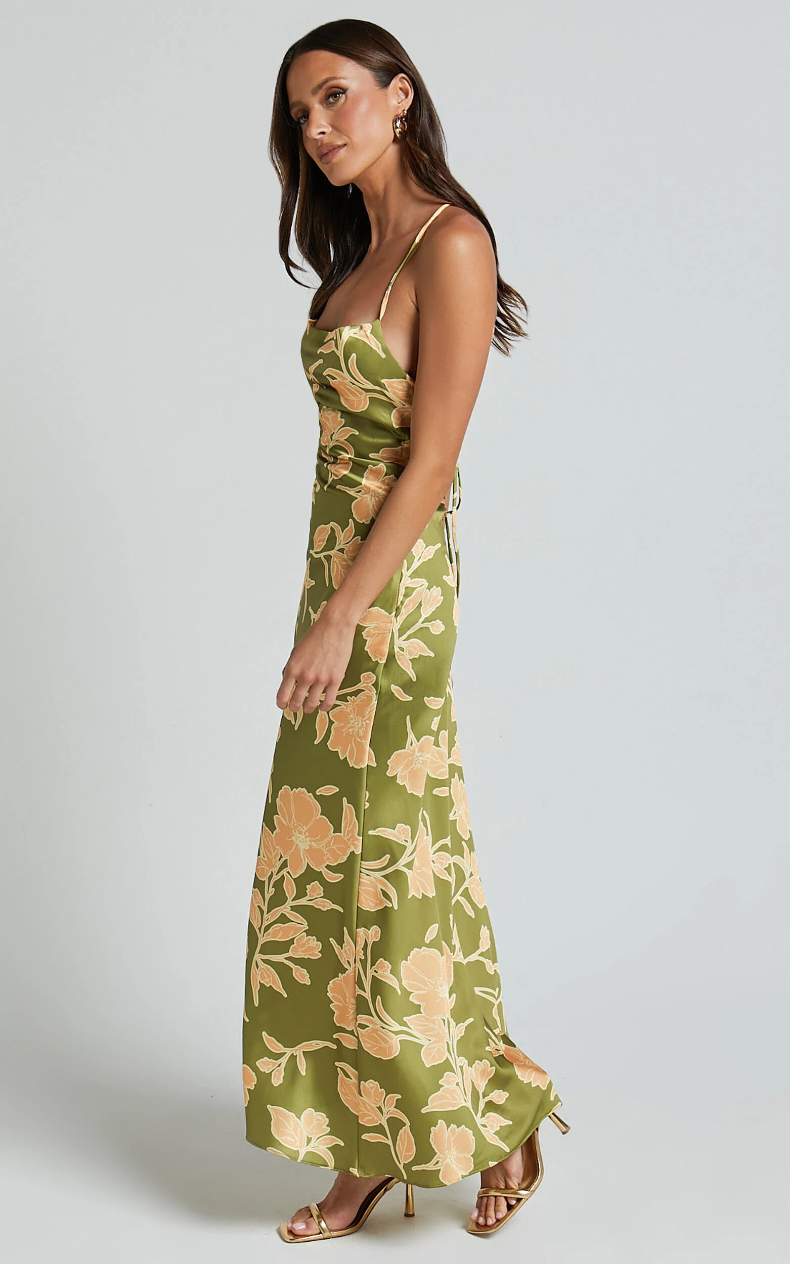 Aisling Midi Dress - Cowl Neck Satin Bias Midi Dress in Olive