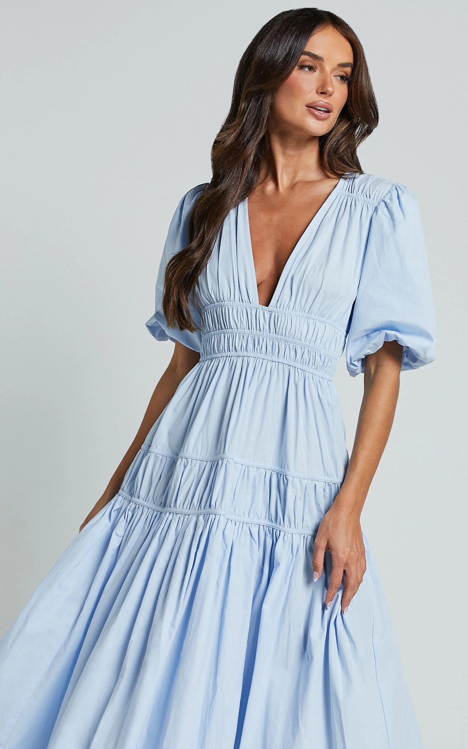 Mellie Midi Dress - Puff Sleeve Plunge Tiered Dress in Soft Blue