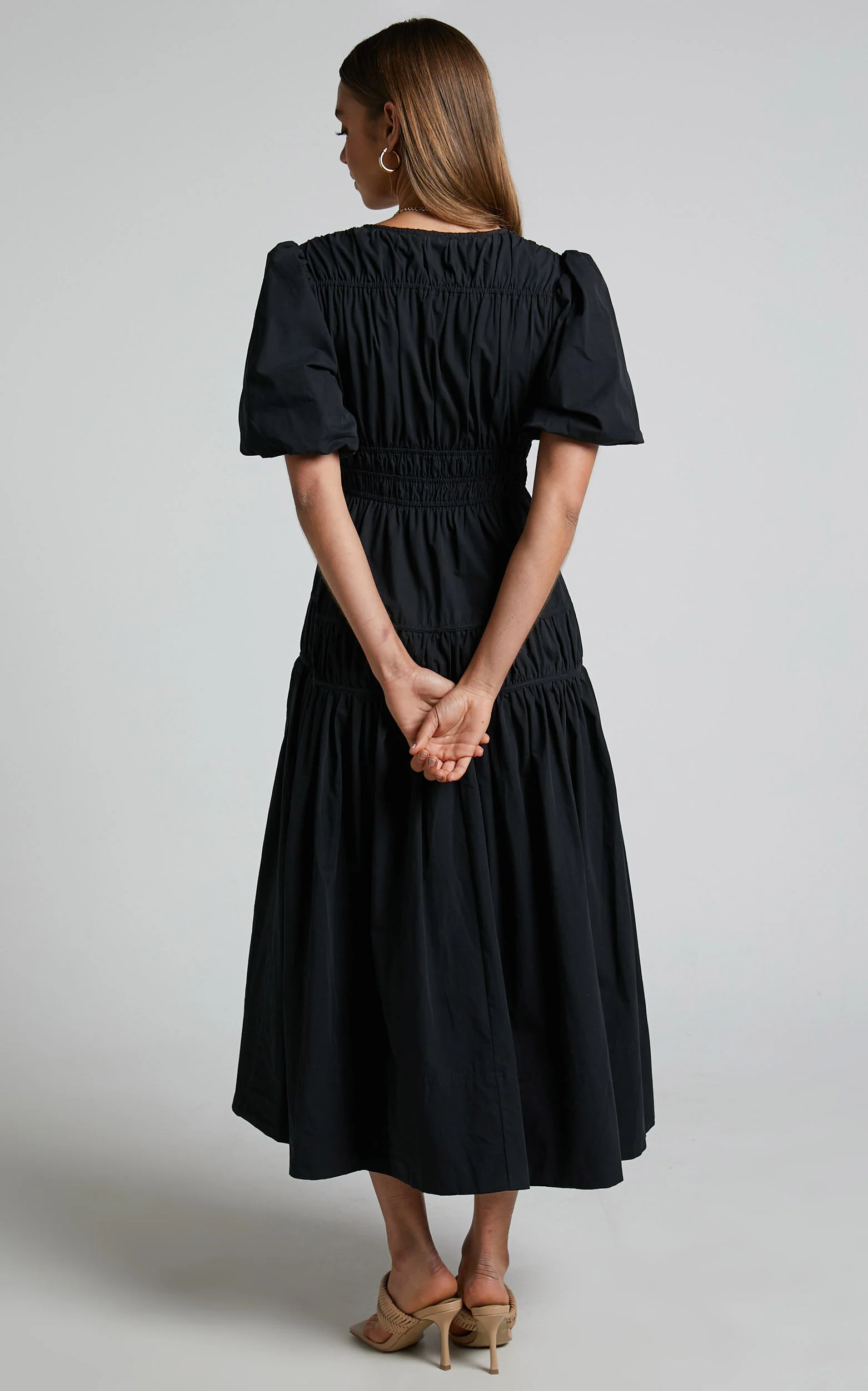 Mellie Midi Dress - Puff Sleeve Plunge Tiered Dress in Black