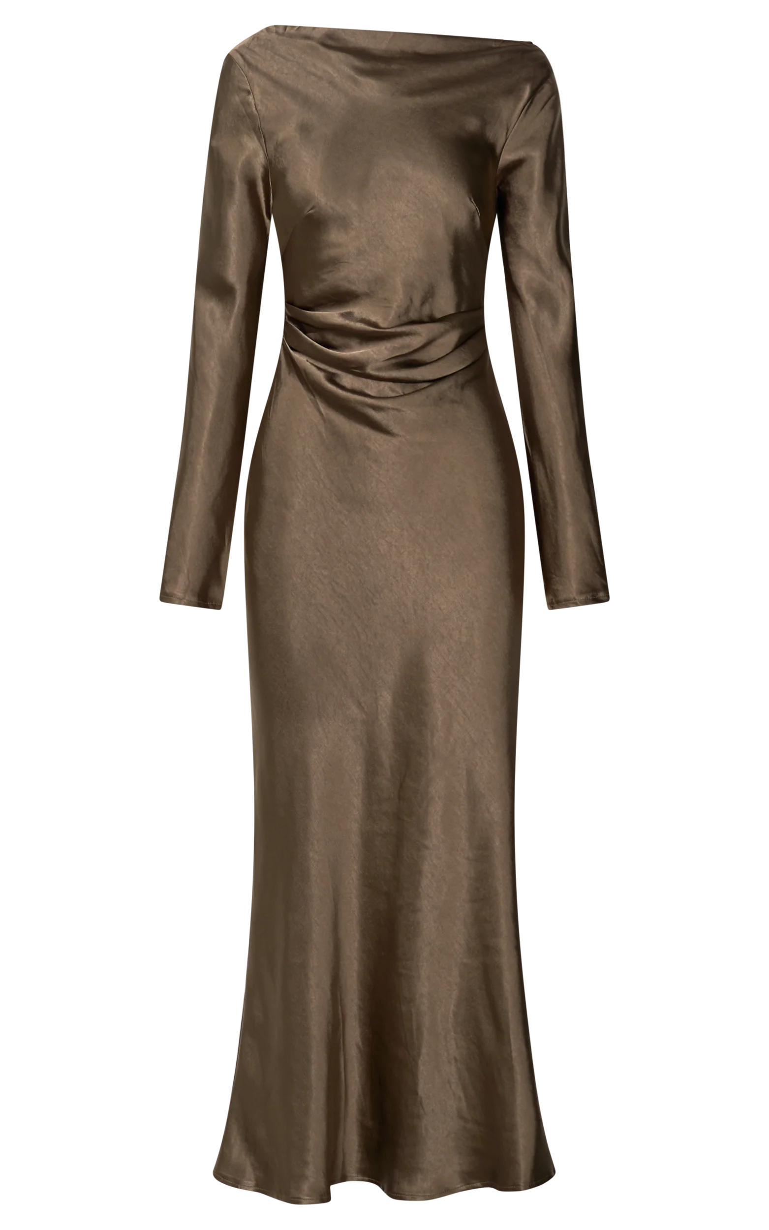 Arriana Midi Dress - Long Sleeve Cowl Back Satin Dress in Dark Olive
