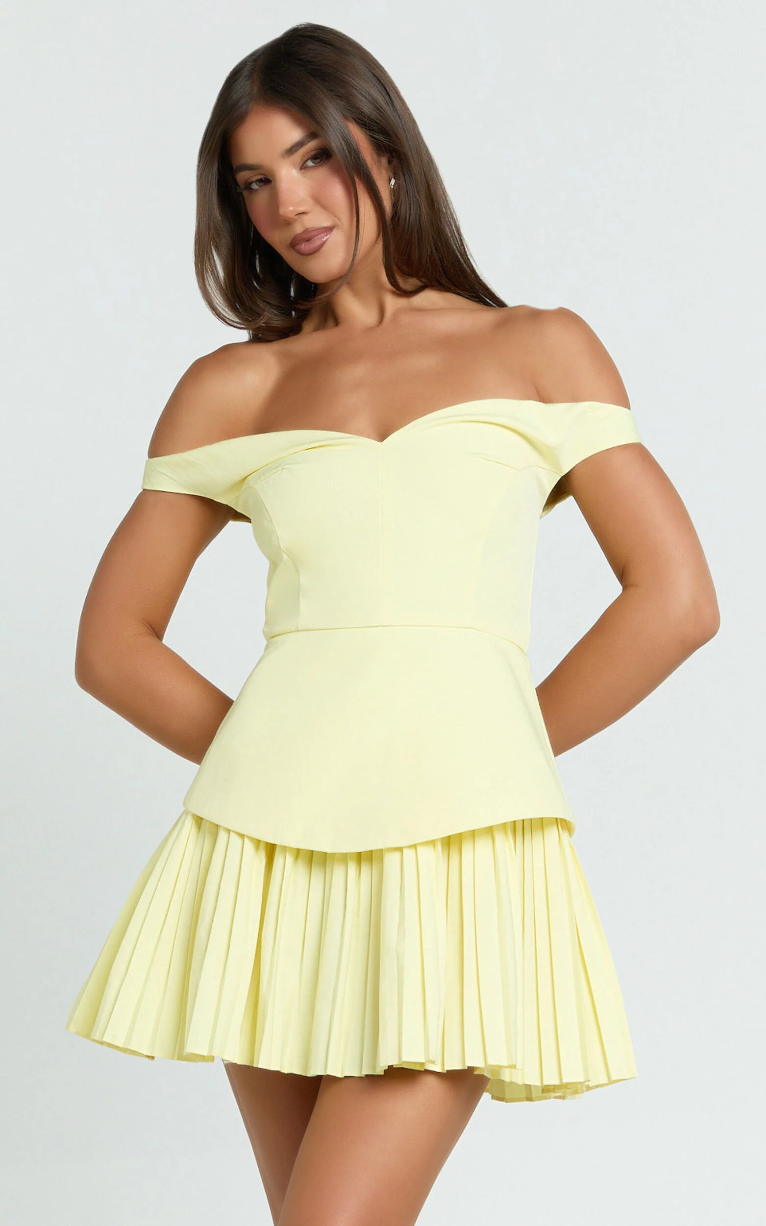Izara Mini Dress - Off Shoulder Pleated Dress in Lemon