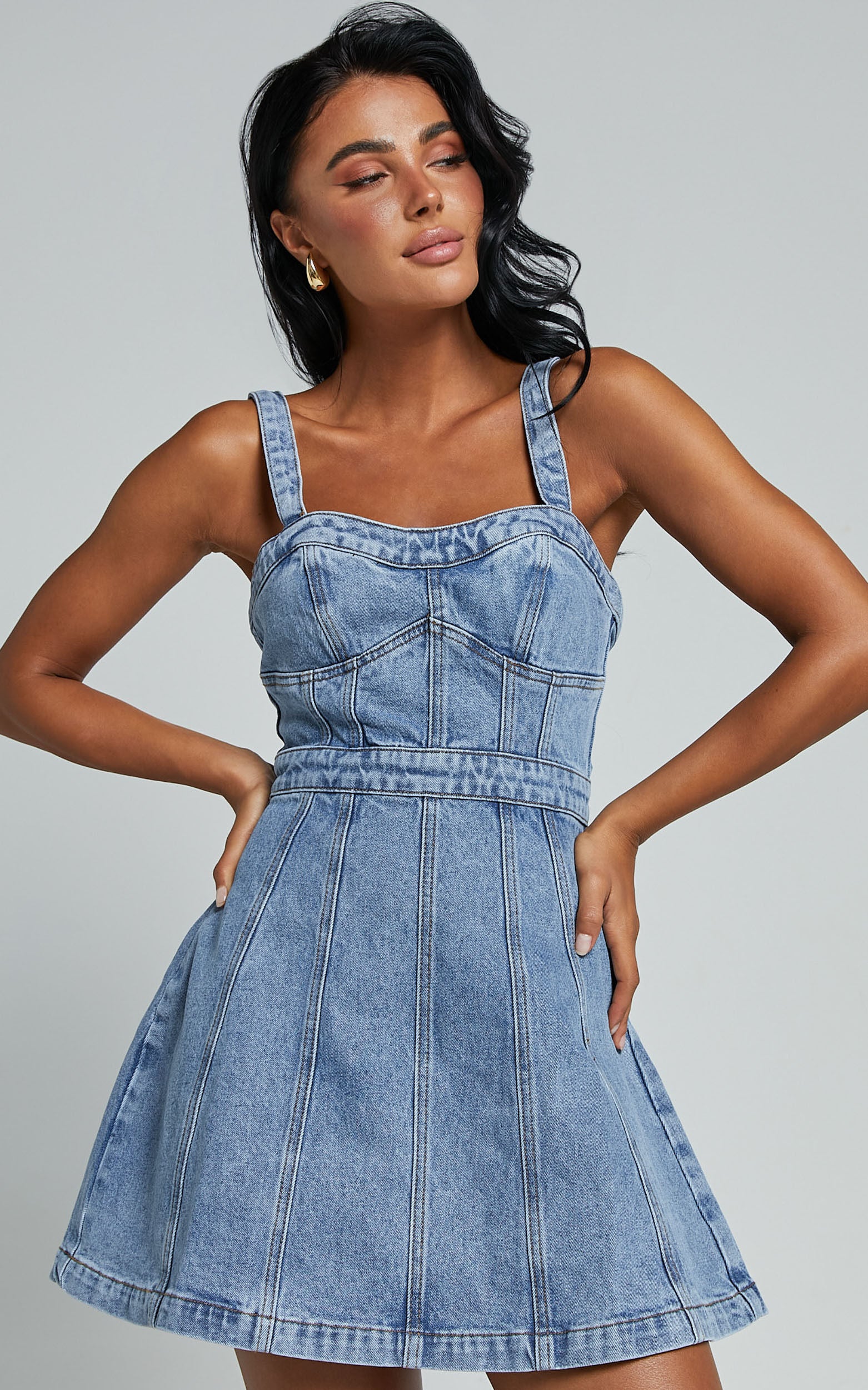 Estonia Mini Dress - Denim Dress in Mid Blue Wash