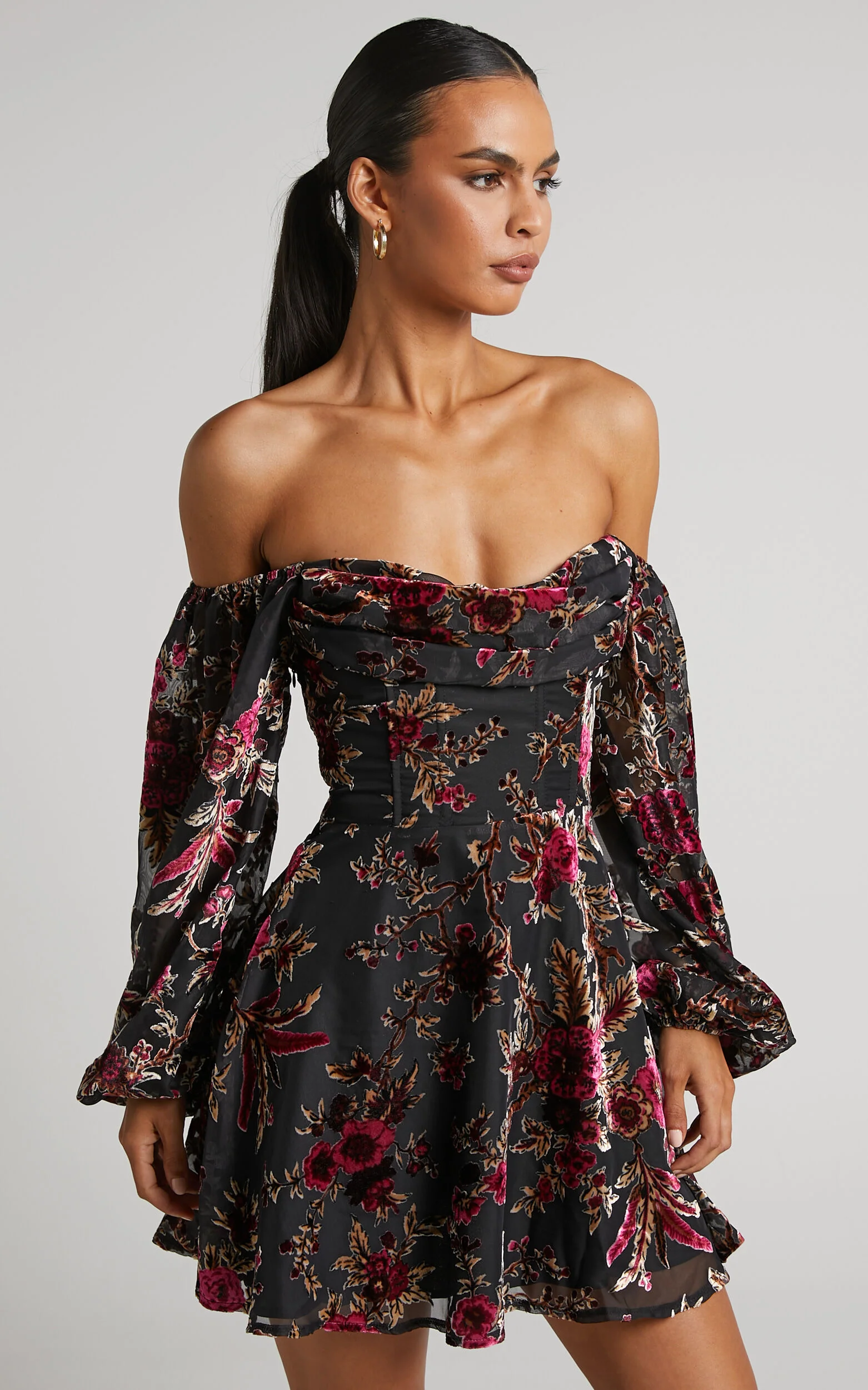 Jessell Mini Dress - Long Sleeve Cowl Corset Dress in Black Floral