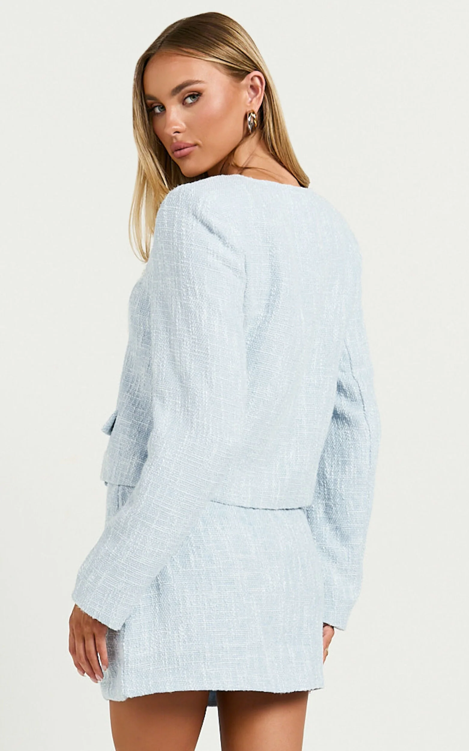 Olympia Jacket - Boucle Scoop Neck Button Down Long Sleeve Jacket in Pale Blue