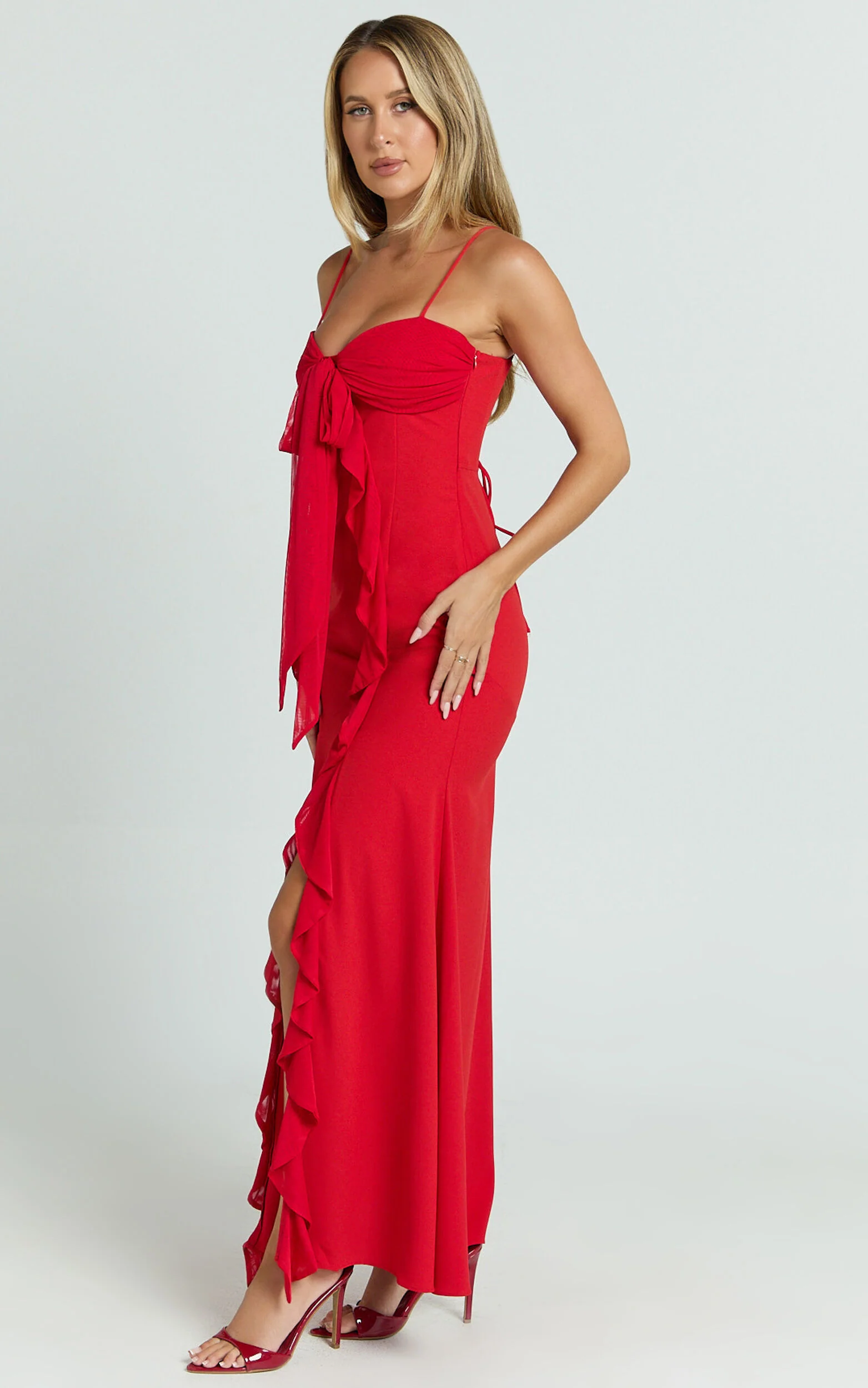 Lacie Maxi Dress - V Neck Bias Cut Ruffle Tie Front Dress in Red