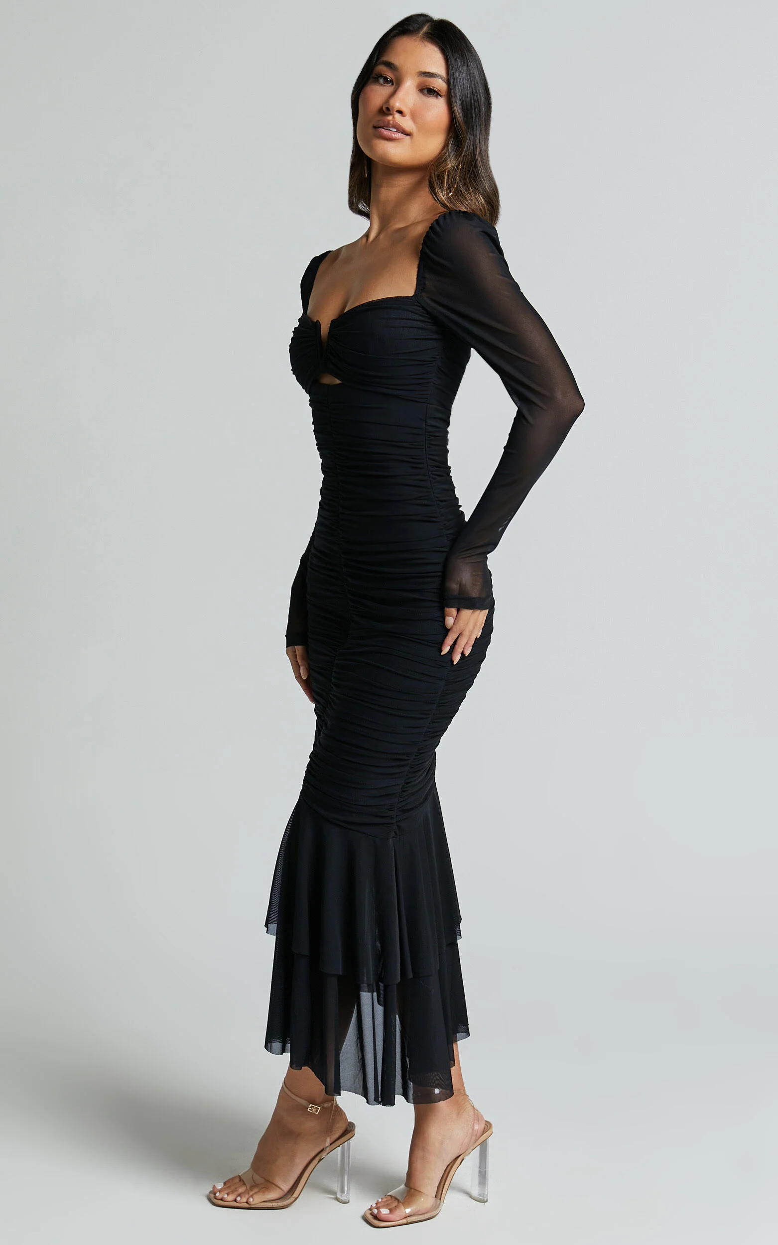 Arabella Midi Dress - Bust Detail Ruched Mesh Midi with Cut Out Detail in Black