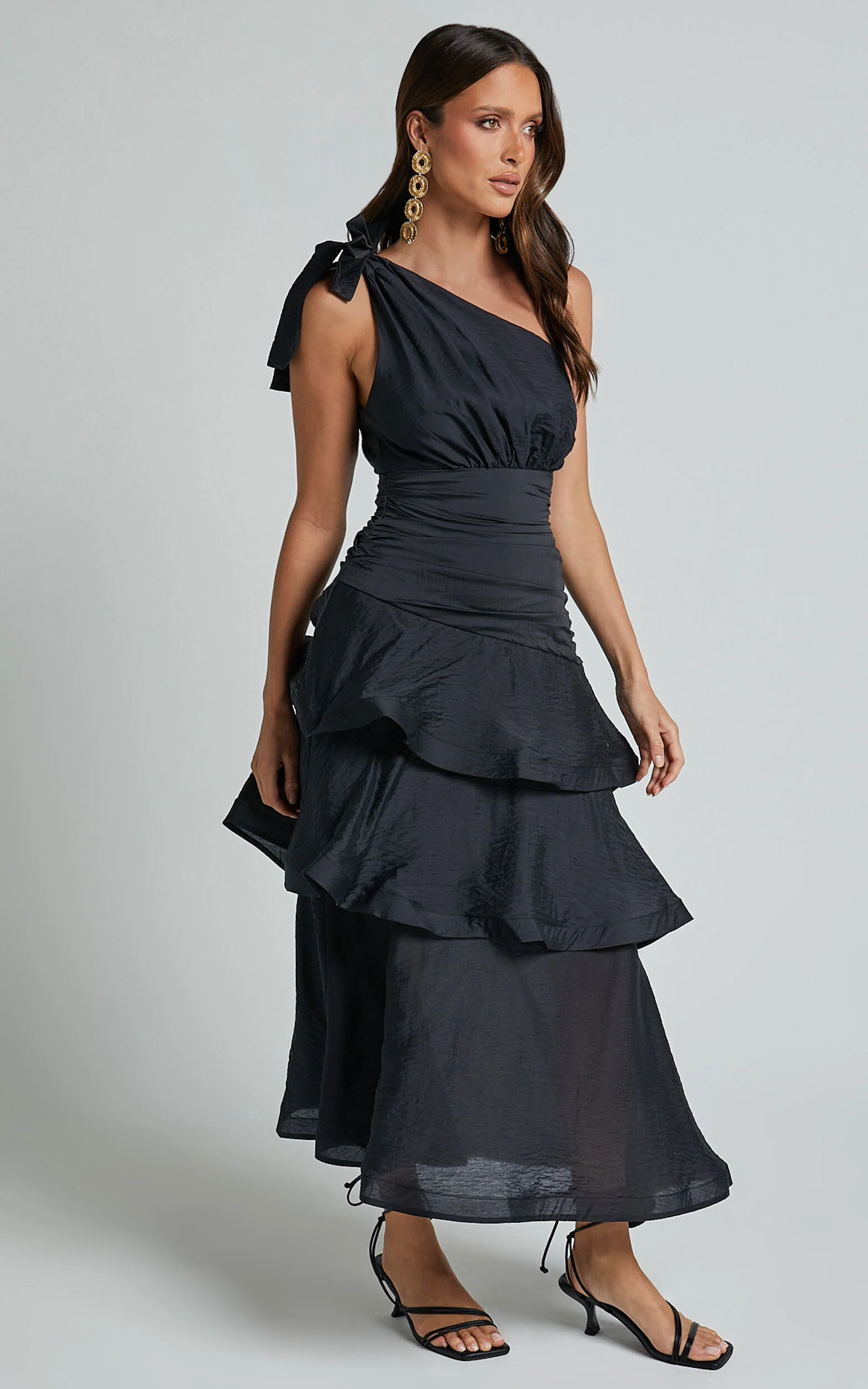 Eugenia Midi Dress - One Shoulder Fit and Flare Layered Dress in Black