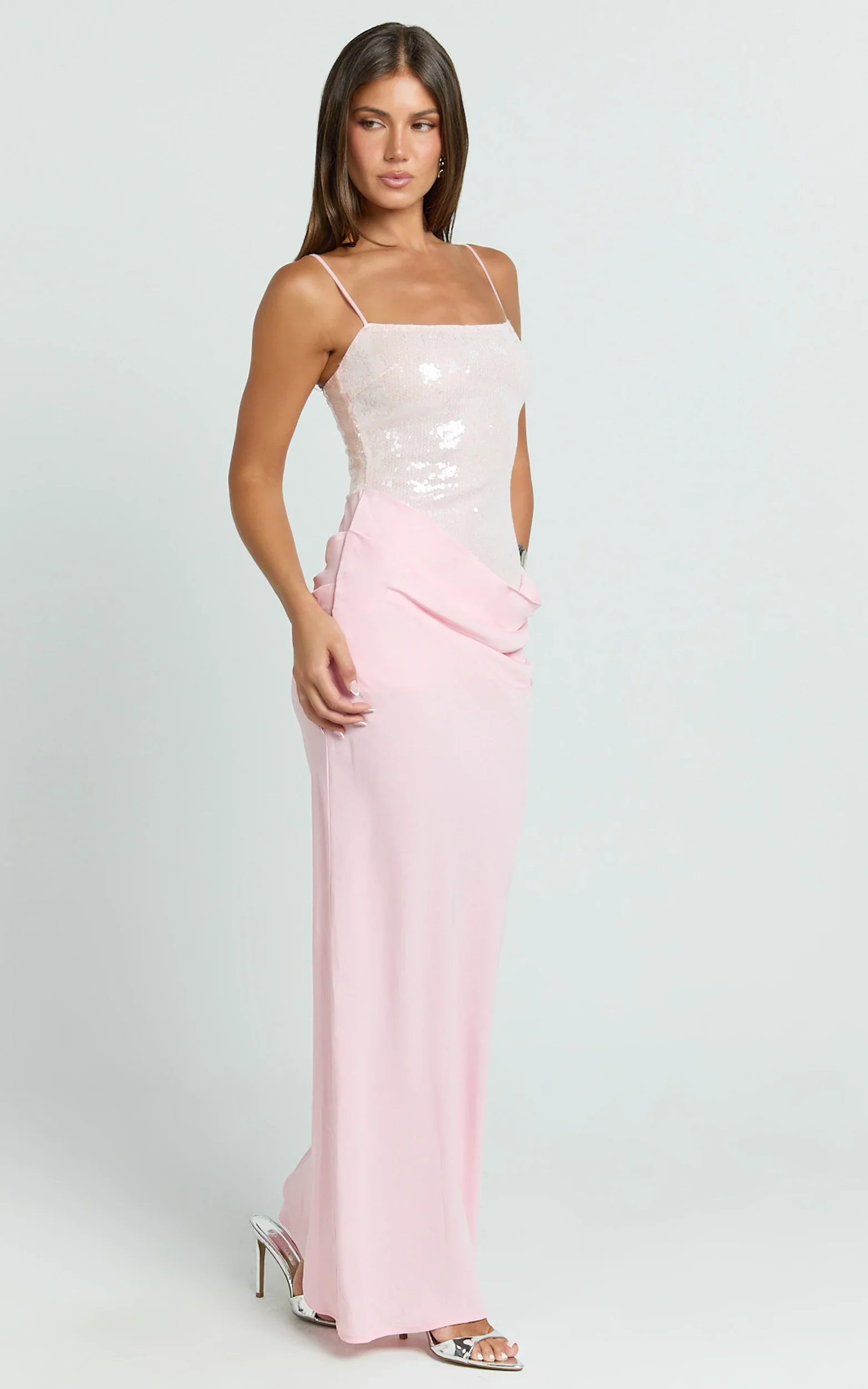 Jasmin Maxi Dress - Sequin Overlay Dress in Pink