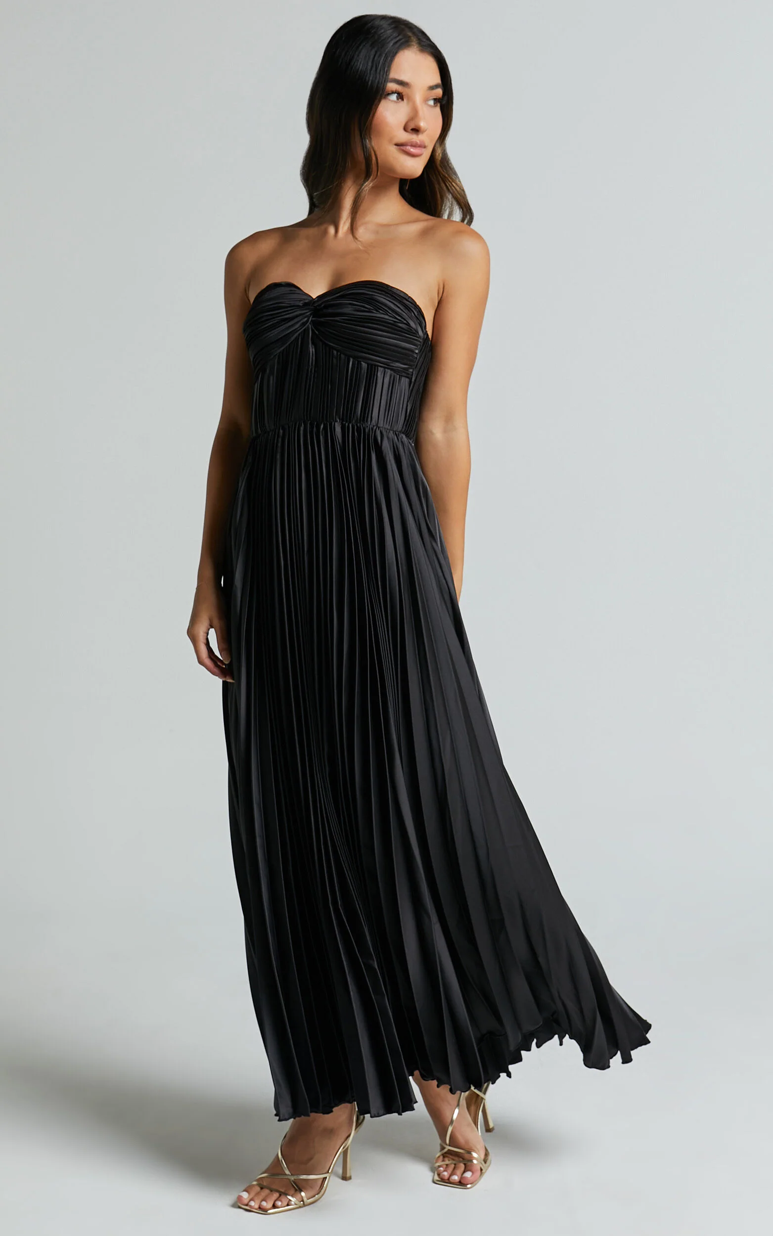 Heidi Midi Dress - Strapless Twist Bust Detail Pleated Midi Dress in Black