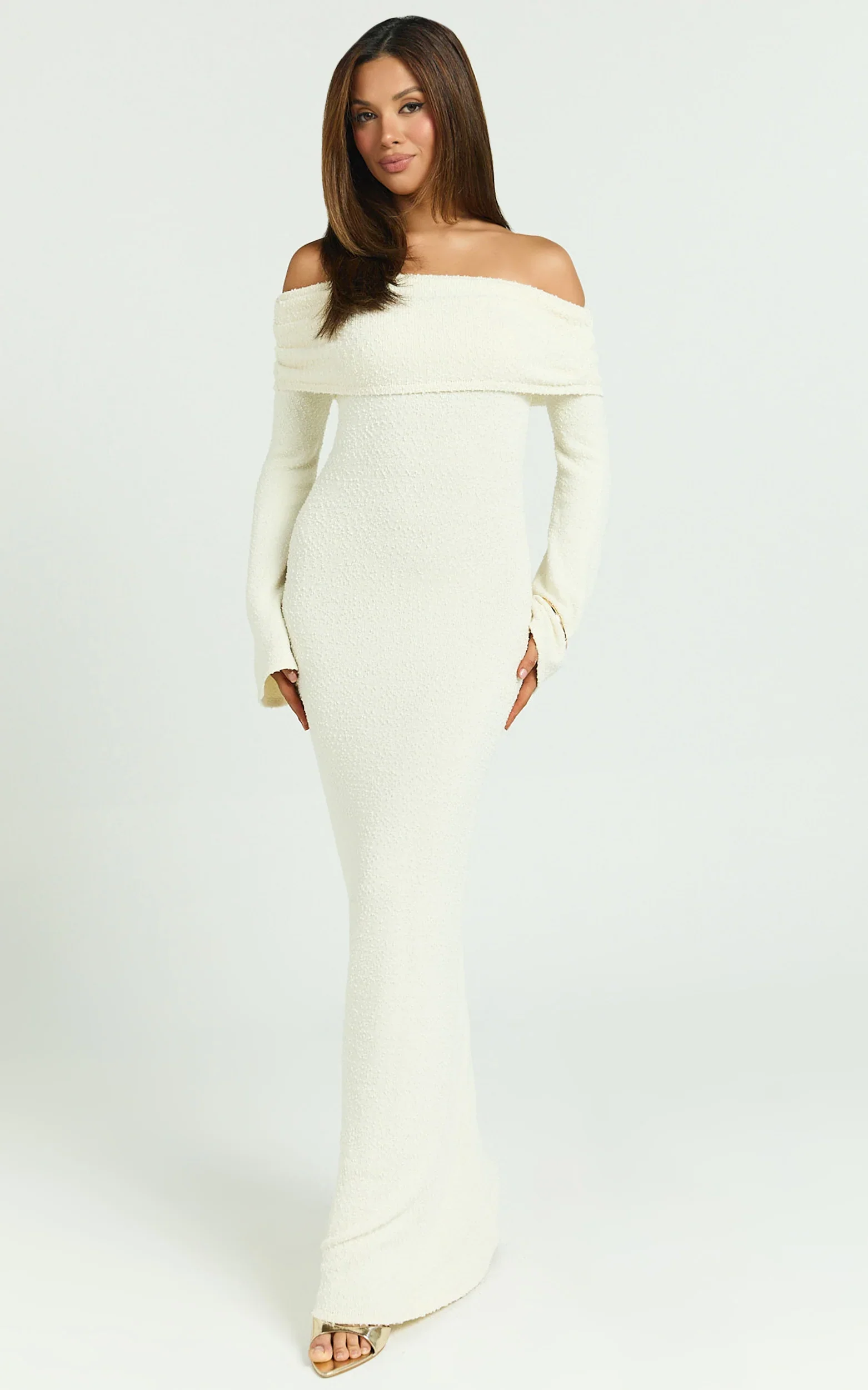 Pietra Maxi Dress - Knit Off Shoulder Dress in Cream