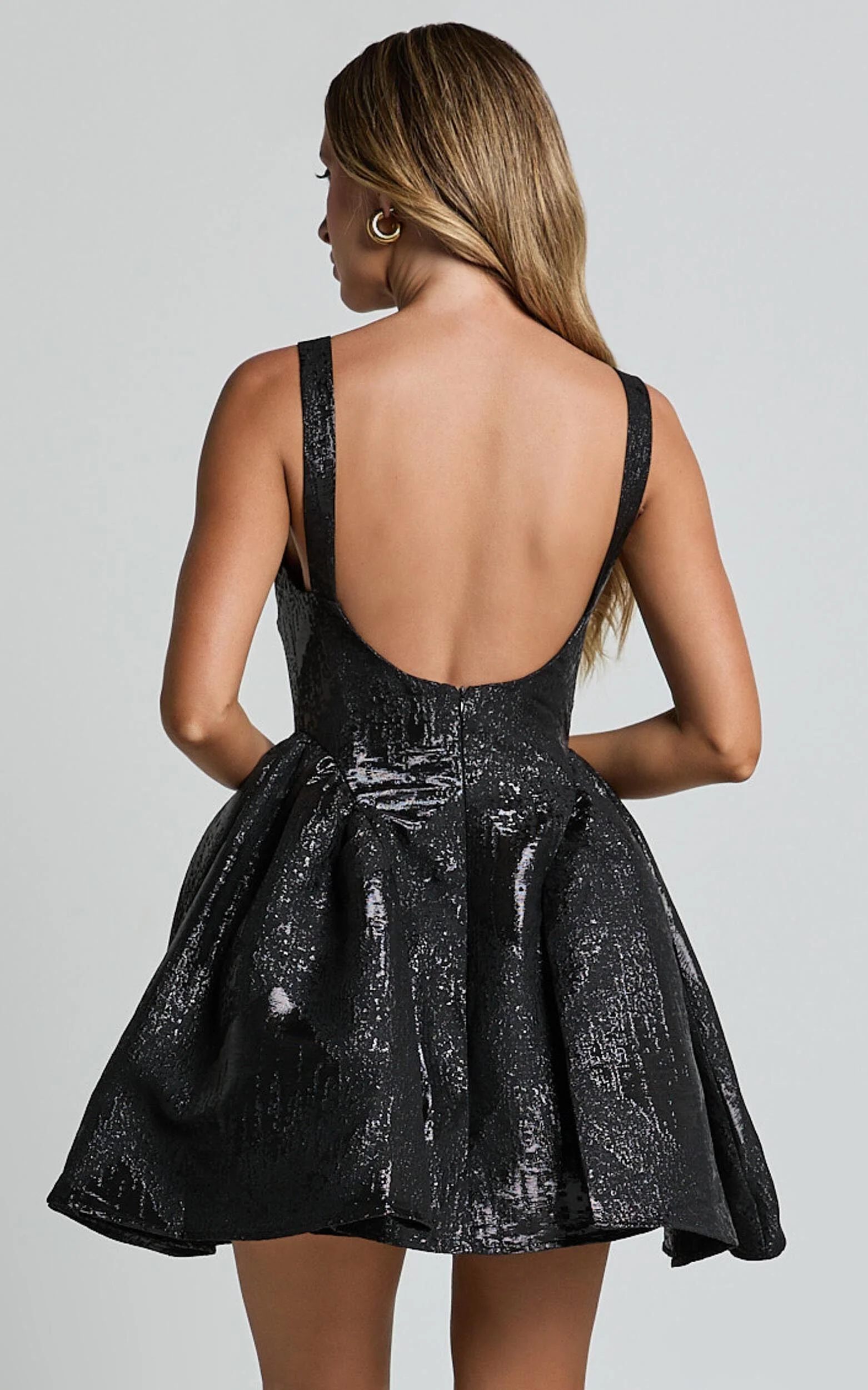 Andree Mini Dress - Metallic Jacquard Full Skirt Mini Dress in Black