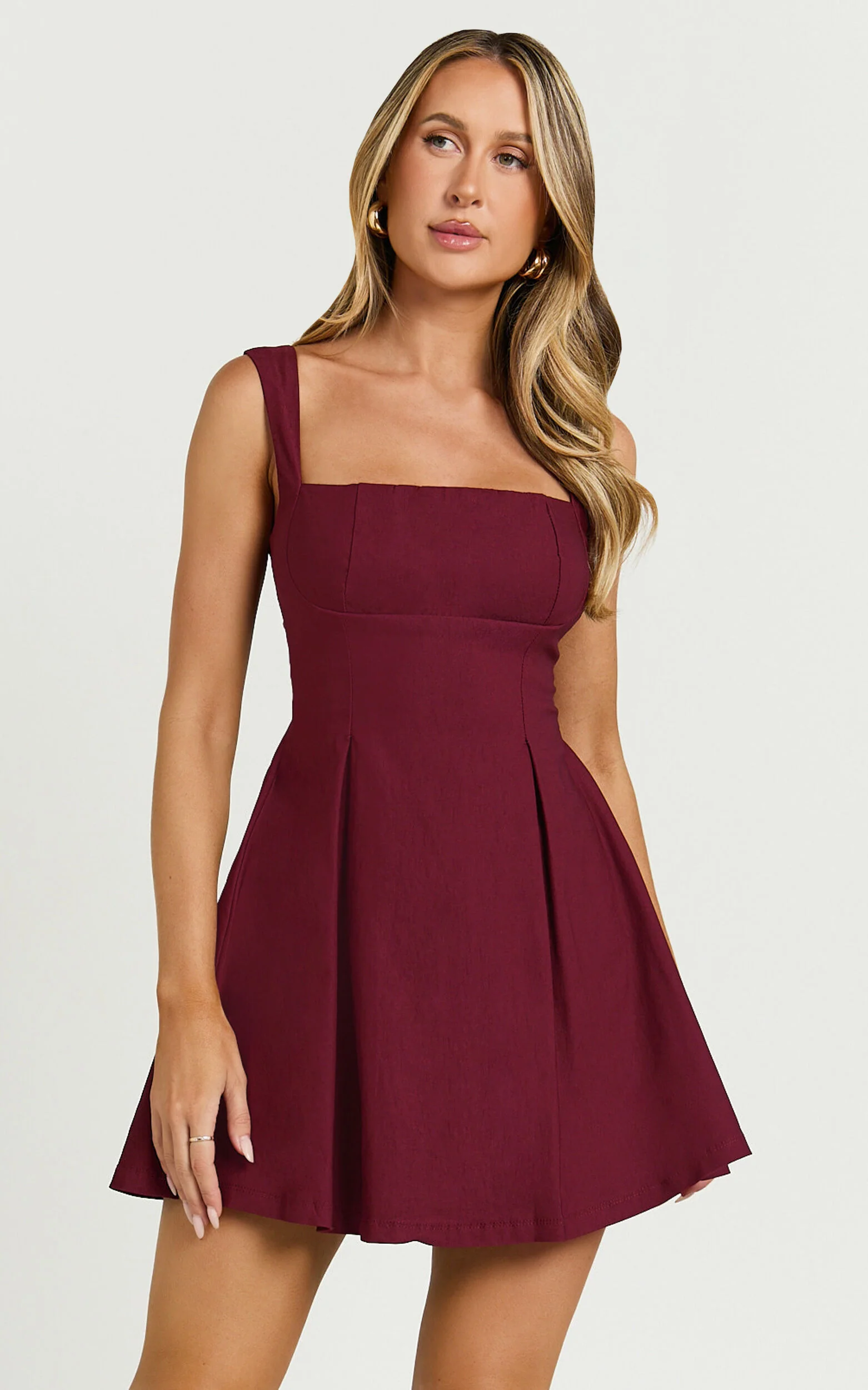 Ida Mini Dress - Wide Strap Straight Neck  Bow Back Dress in Berry
