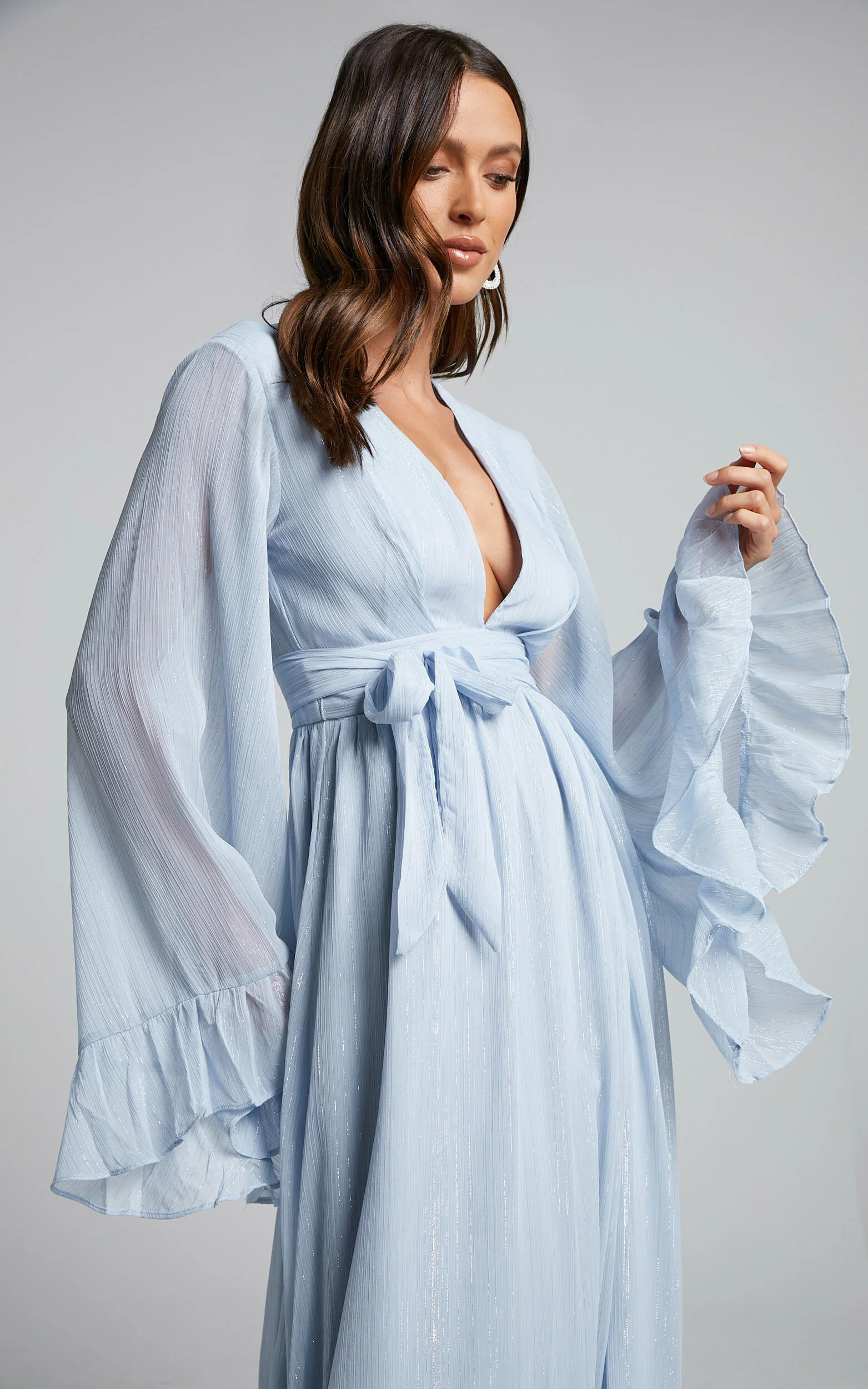 Dangerous Woman Maxi Dress - Plunge Thigh Split Dress in Light Blue