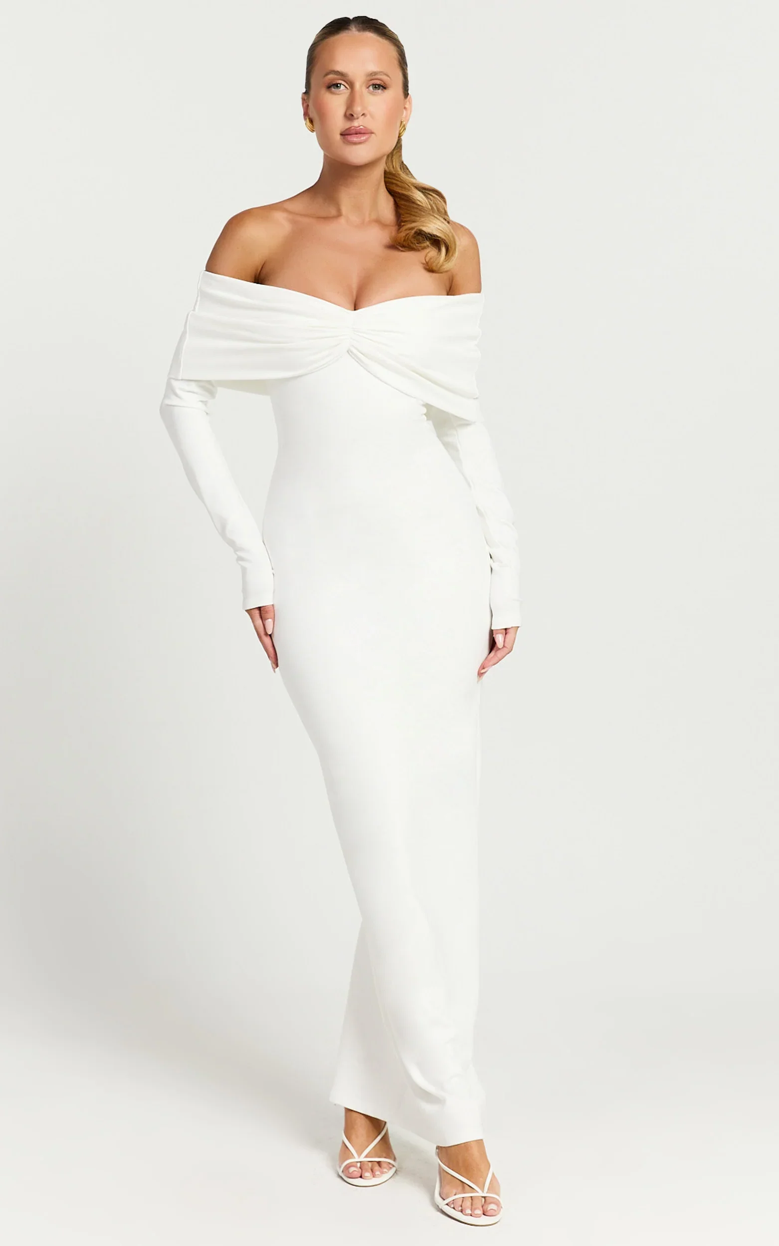 Rani Maxi Dress - Off Shoulder Long Sleeve Bodycon Dress in Off White