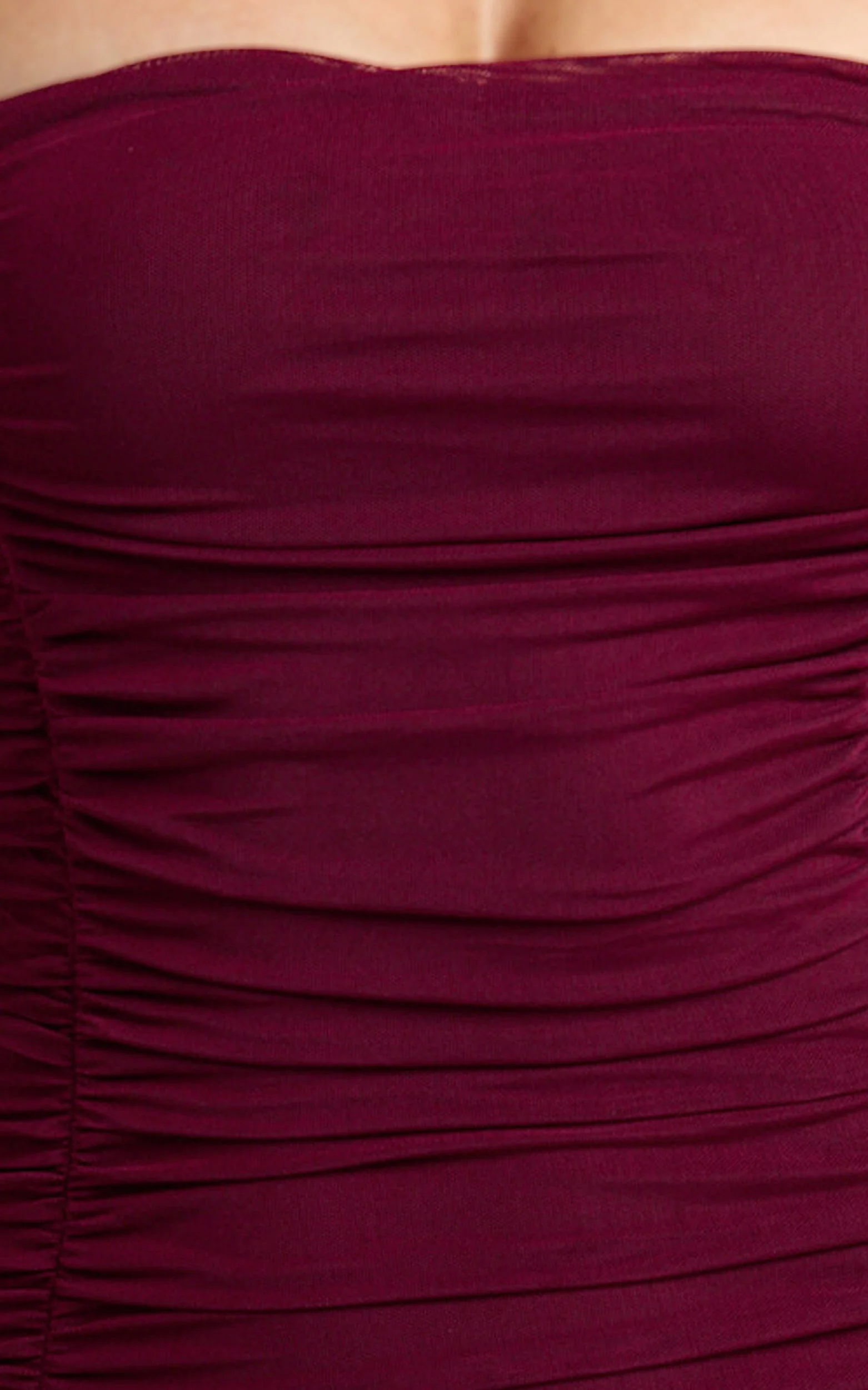 Cardi Maxi Dress - Ruched Mesh High Leg Split Dress in Wine