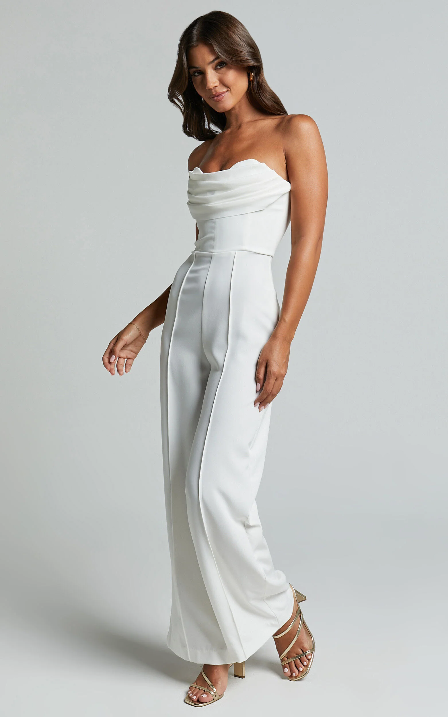 Stacey Jumpsuit - Strapless Cowl Wide Leg Jumpsuit in Off White