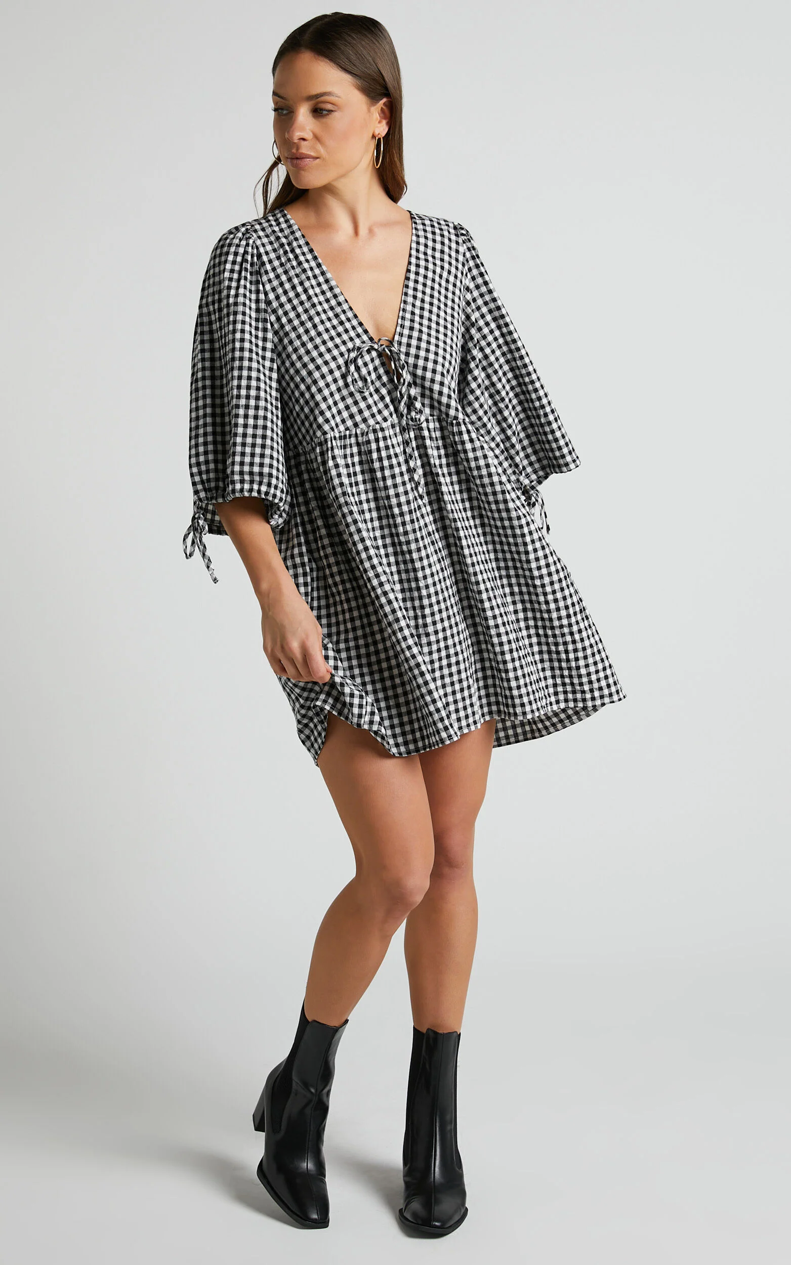 Rosita Mini Dress - Tie Front Puff Sleeve Dress in Black and White Check