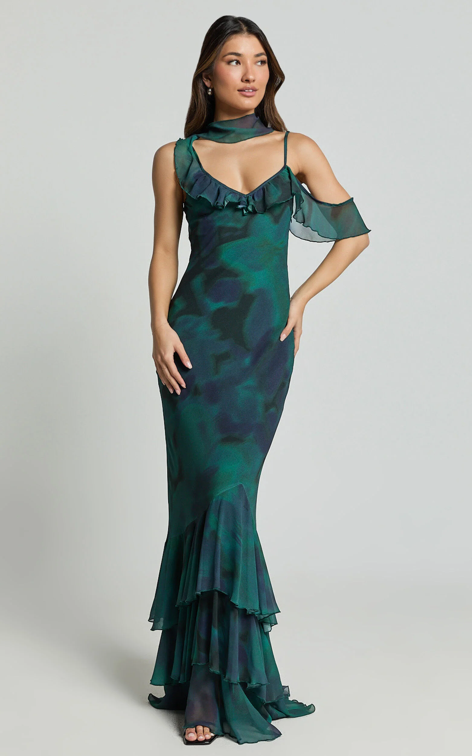 Riley Maxi Dress - Asymmetric Ruffle Detail Maxi Dress in Moss Adeana