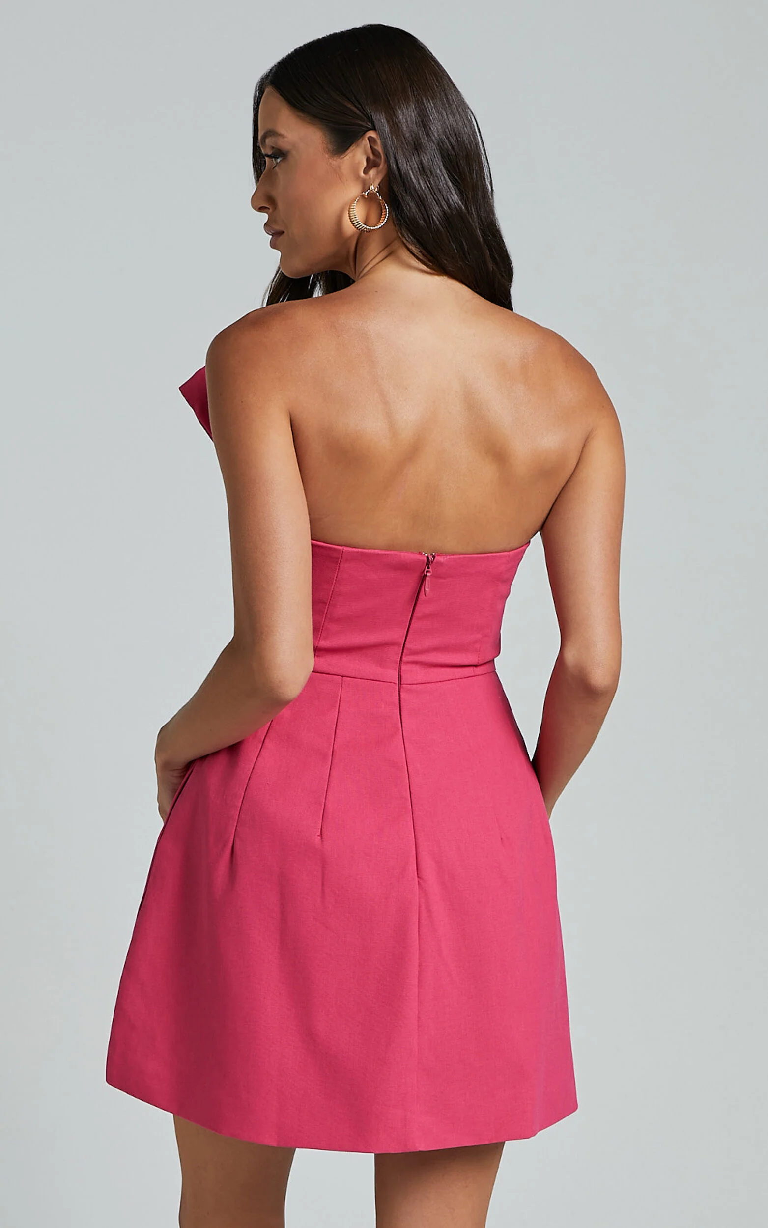 Chika Mini Dress - Linen Strapless Front Bow Dress in Peony Pink