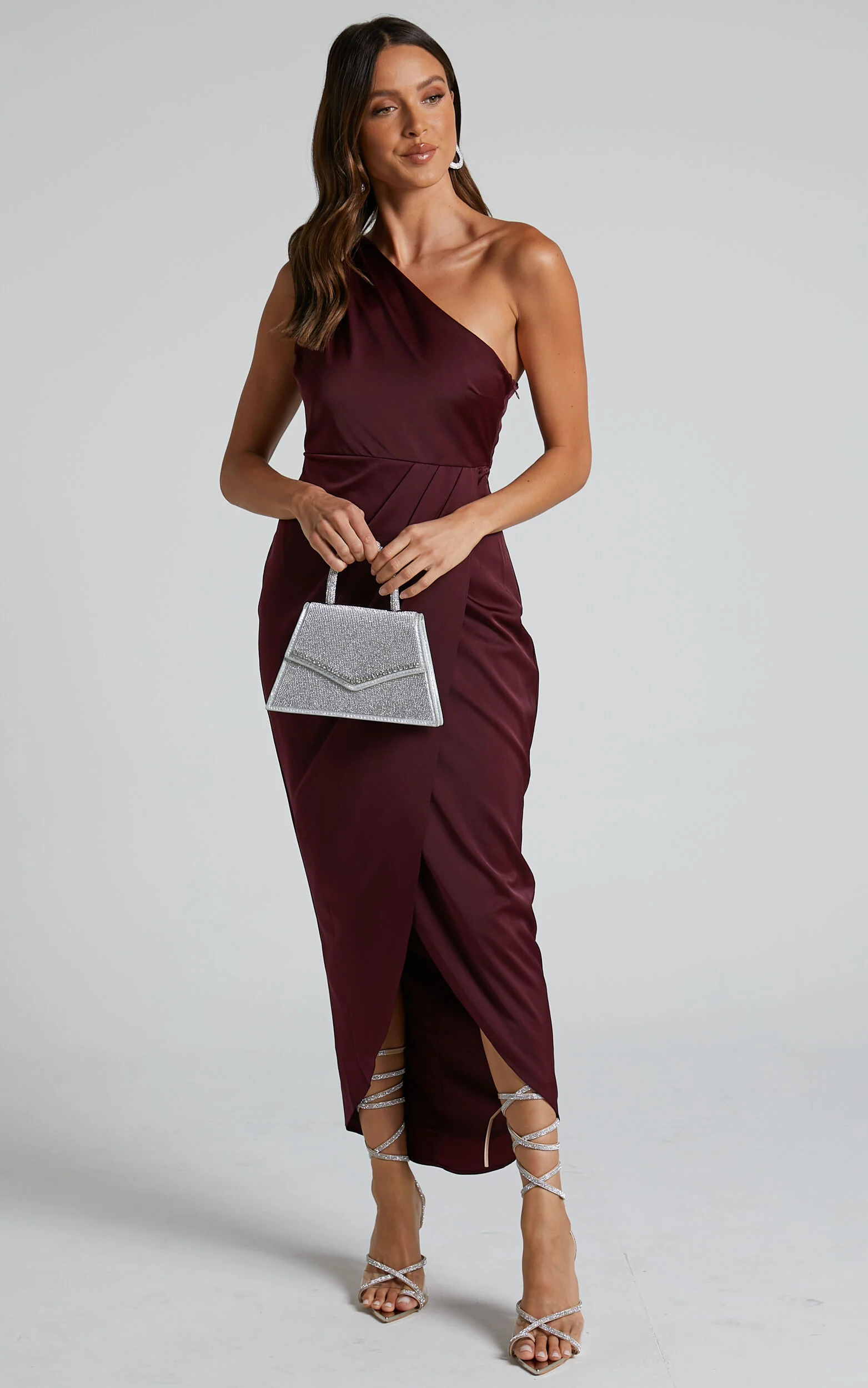 Felt So Happy Midi Dress - One Shoulder Drape Dress in Wine