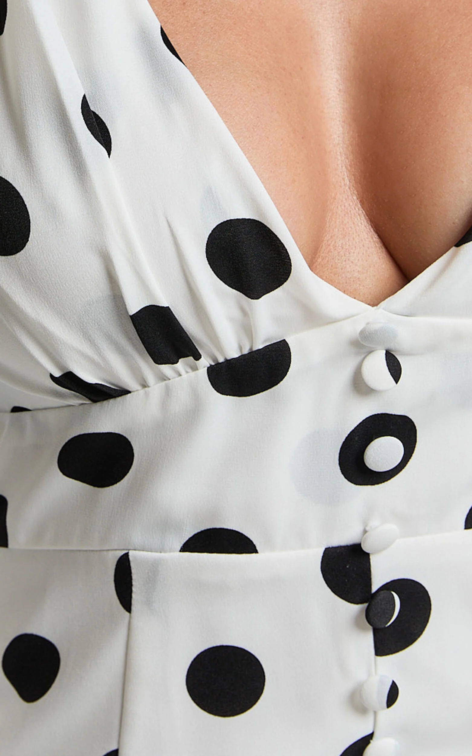 Robyn Mini Dress - Long Balloon Sleeve Plunge Neck Mini Dress in Black Spot