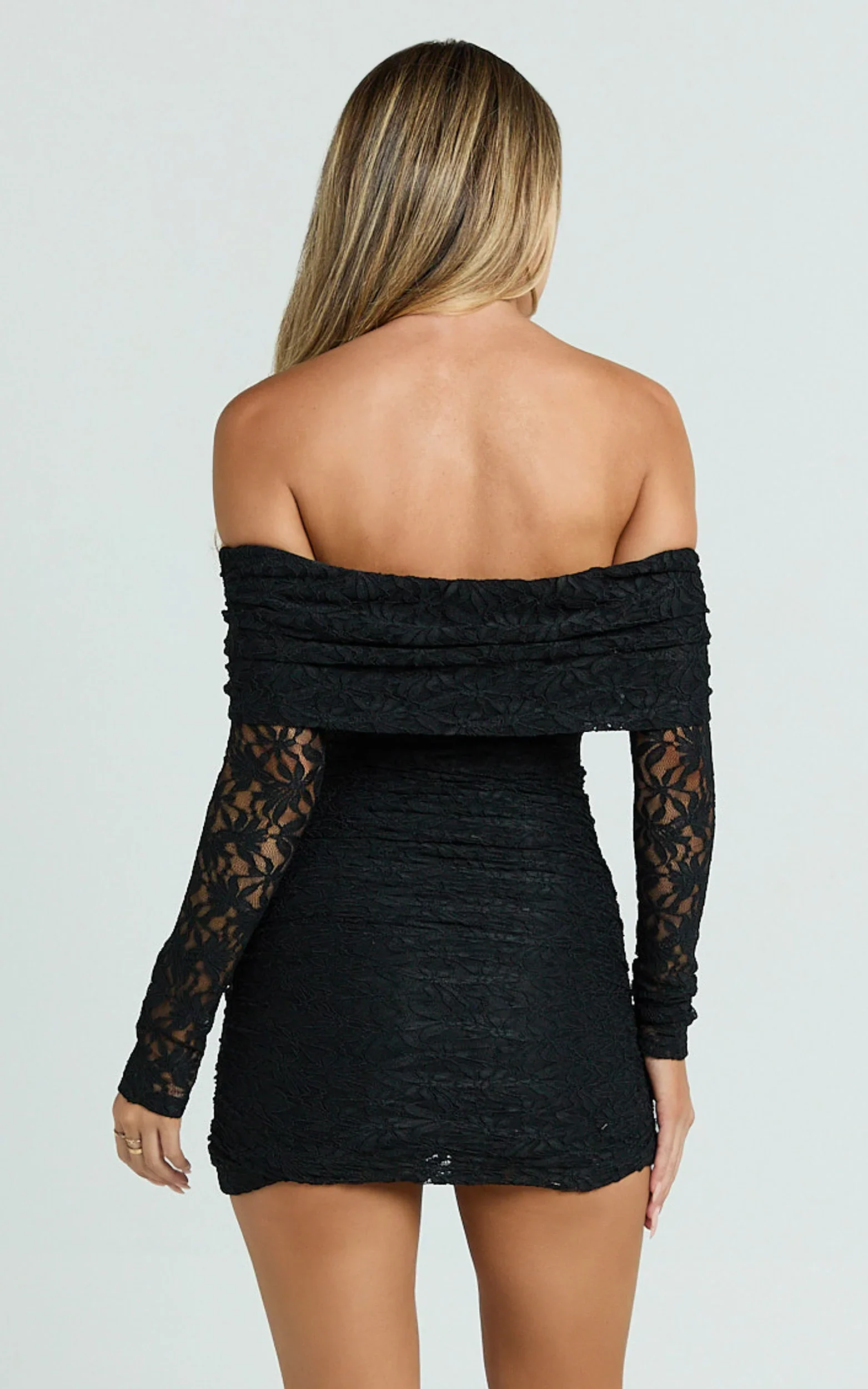 Jensen Mini Dress - Off Shoulder Stretch Lace Bodycon Dress in Black