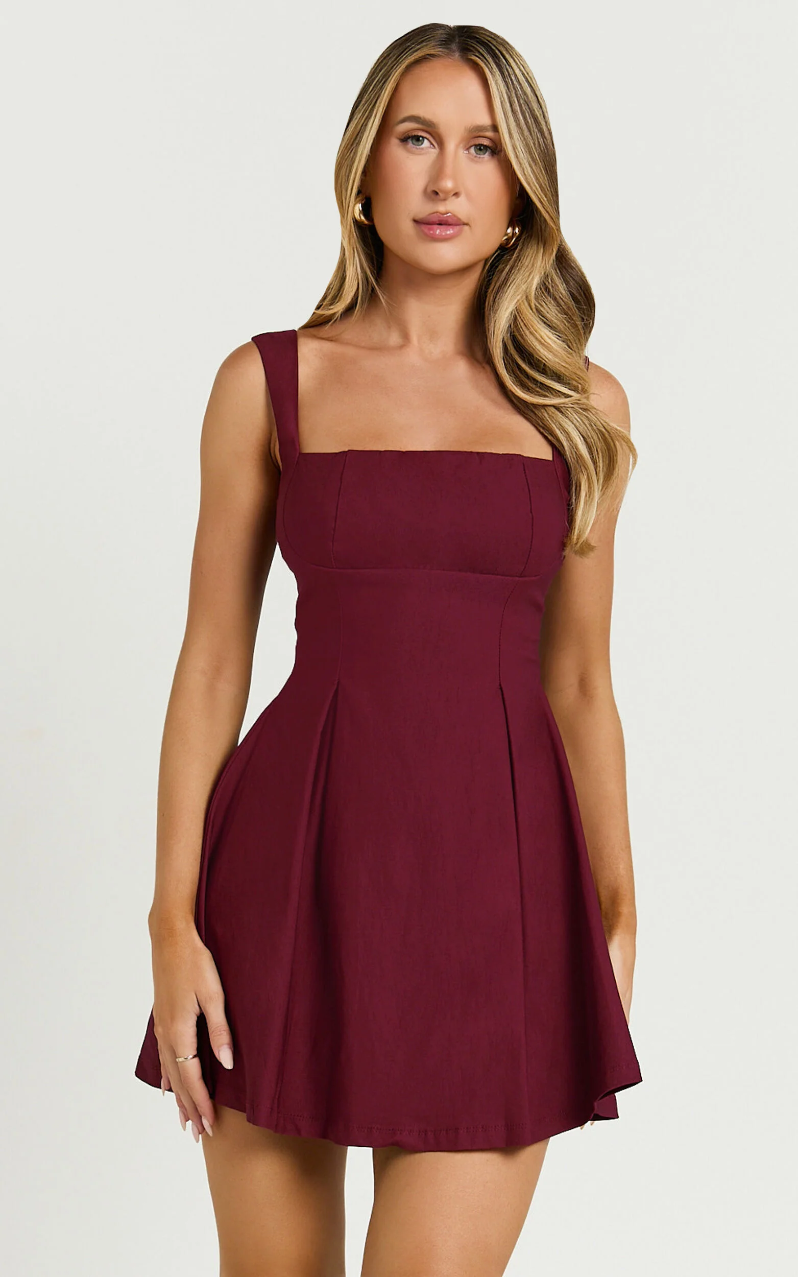 Ida Mini Dress - Wide Strap Straight Neck  Bow Back Dress in Berry
