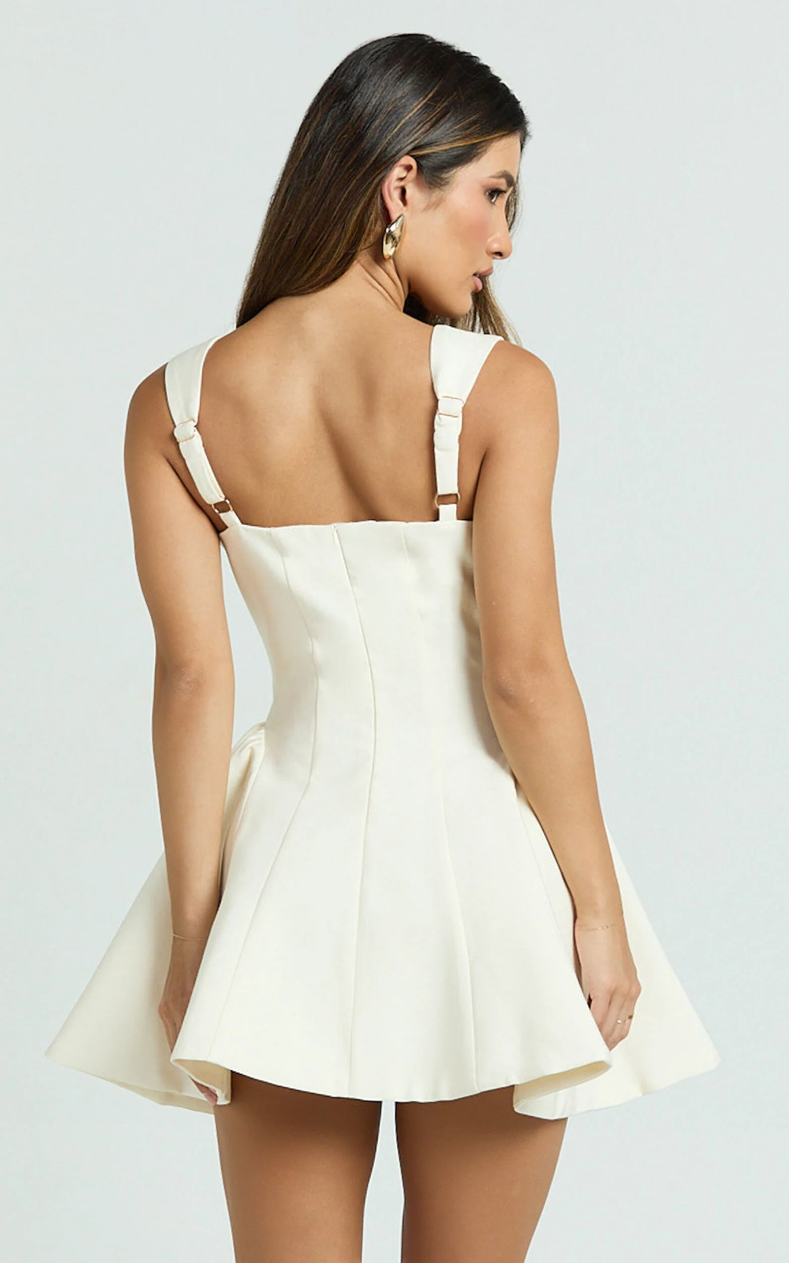 Kailee Mini Dress - Wide Strap Square Neck Fit And Flare Tulip Dress in Cream