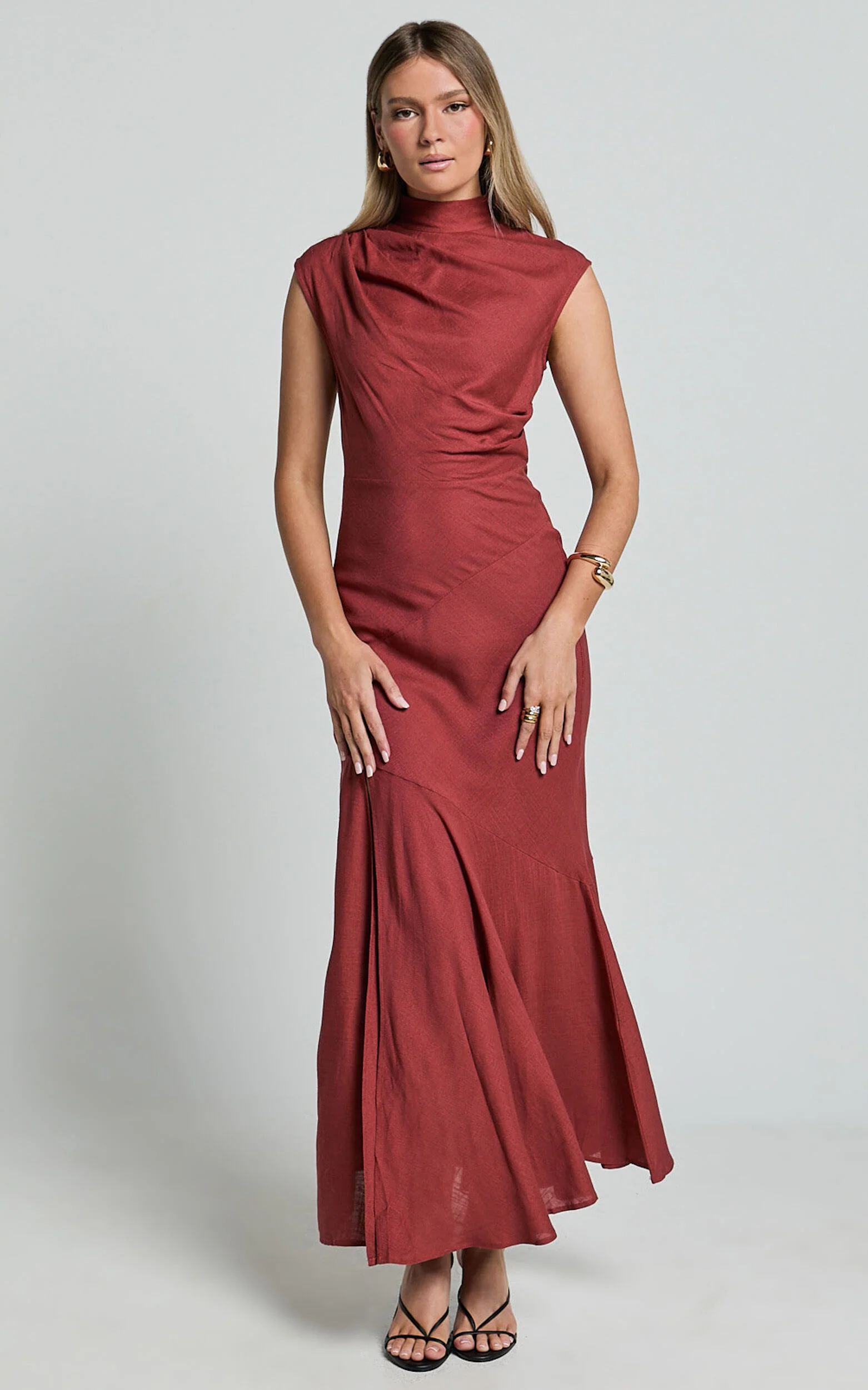 Arielle Maxi Linen Dress - High Neck Thigh Split Slip Dress in Rust