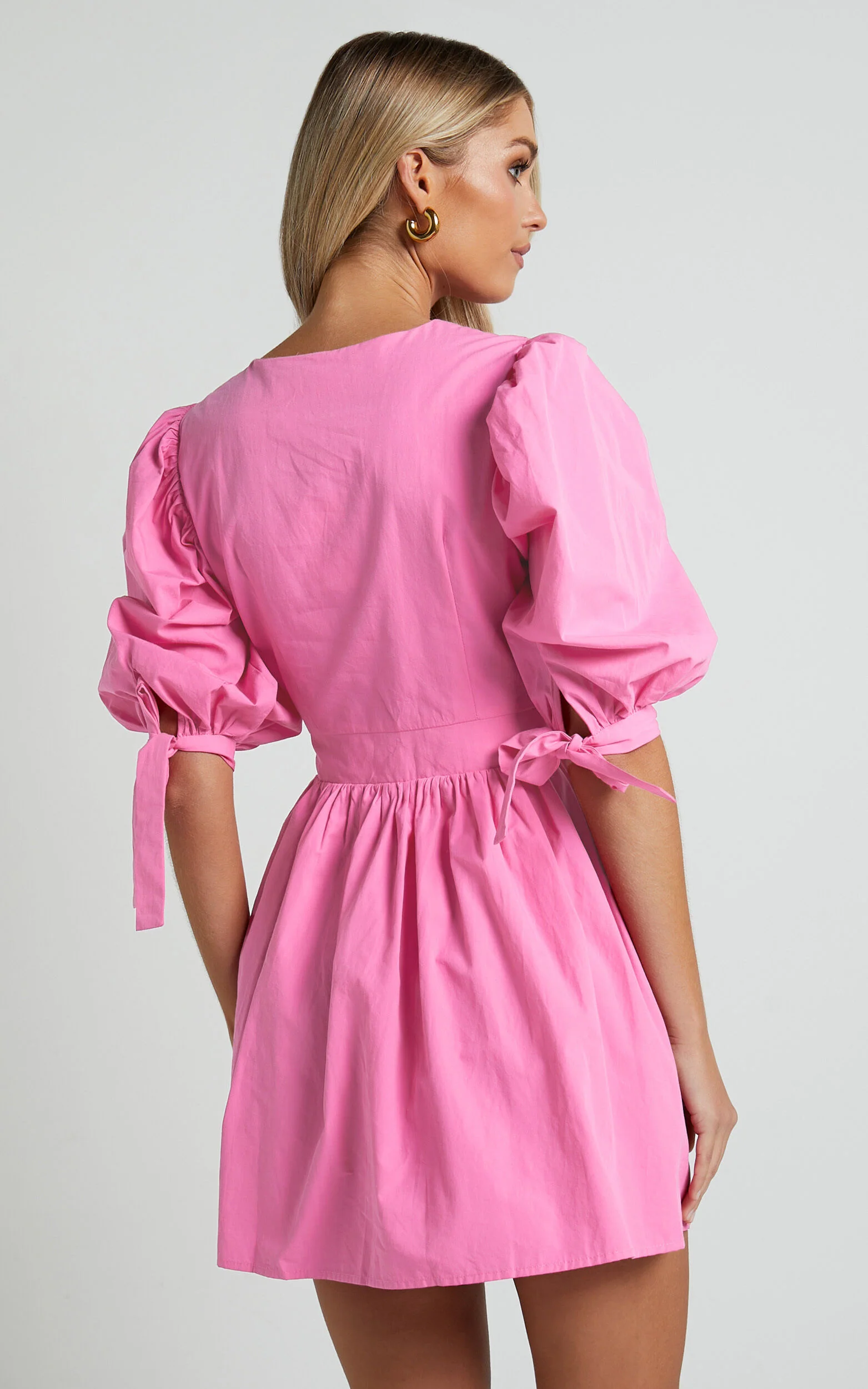 Zandra Mini Dress - Puff Sleeve Poplin Dress in ICE PINK