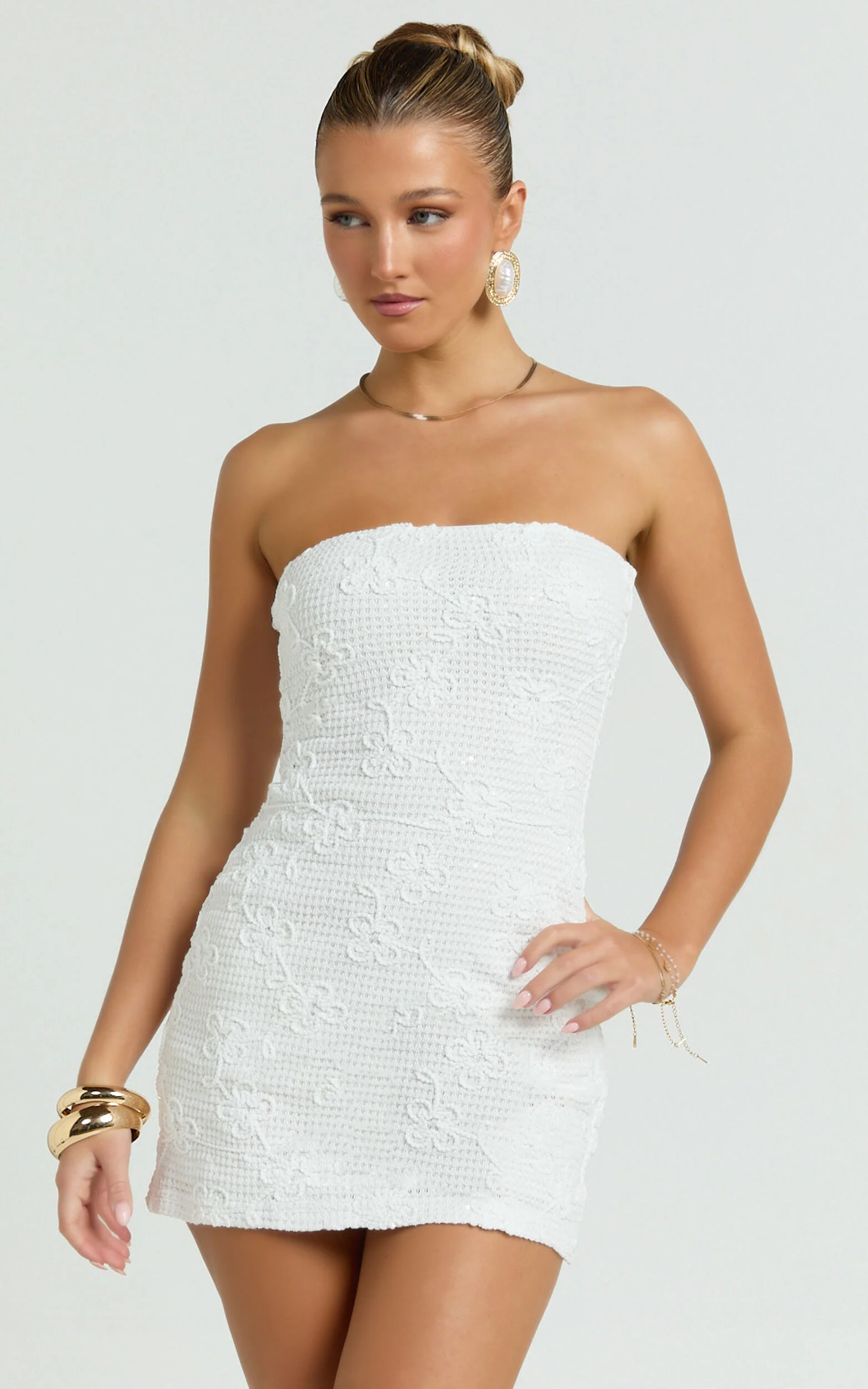 Inka Mini Dress - Strapless Fitted Jersey Dress in White