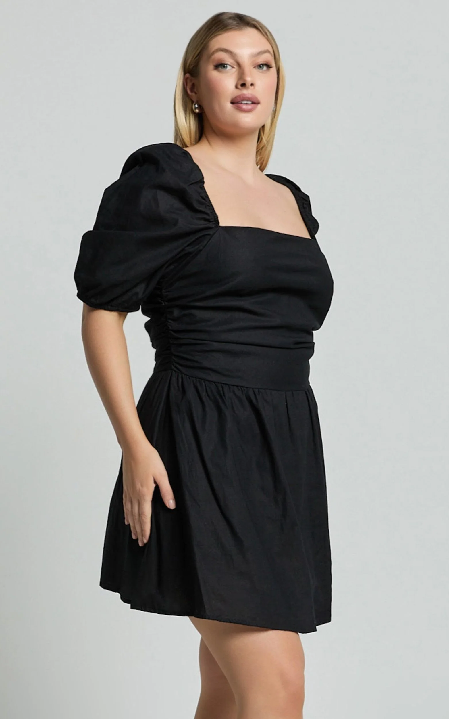 Claudina Mini Dress - Linen Look Puff Sleeve Ruched Bodice Dress in Black