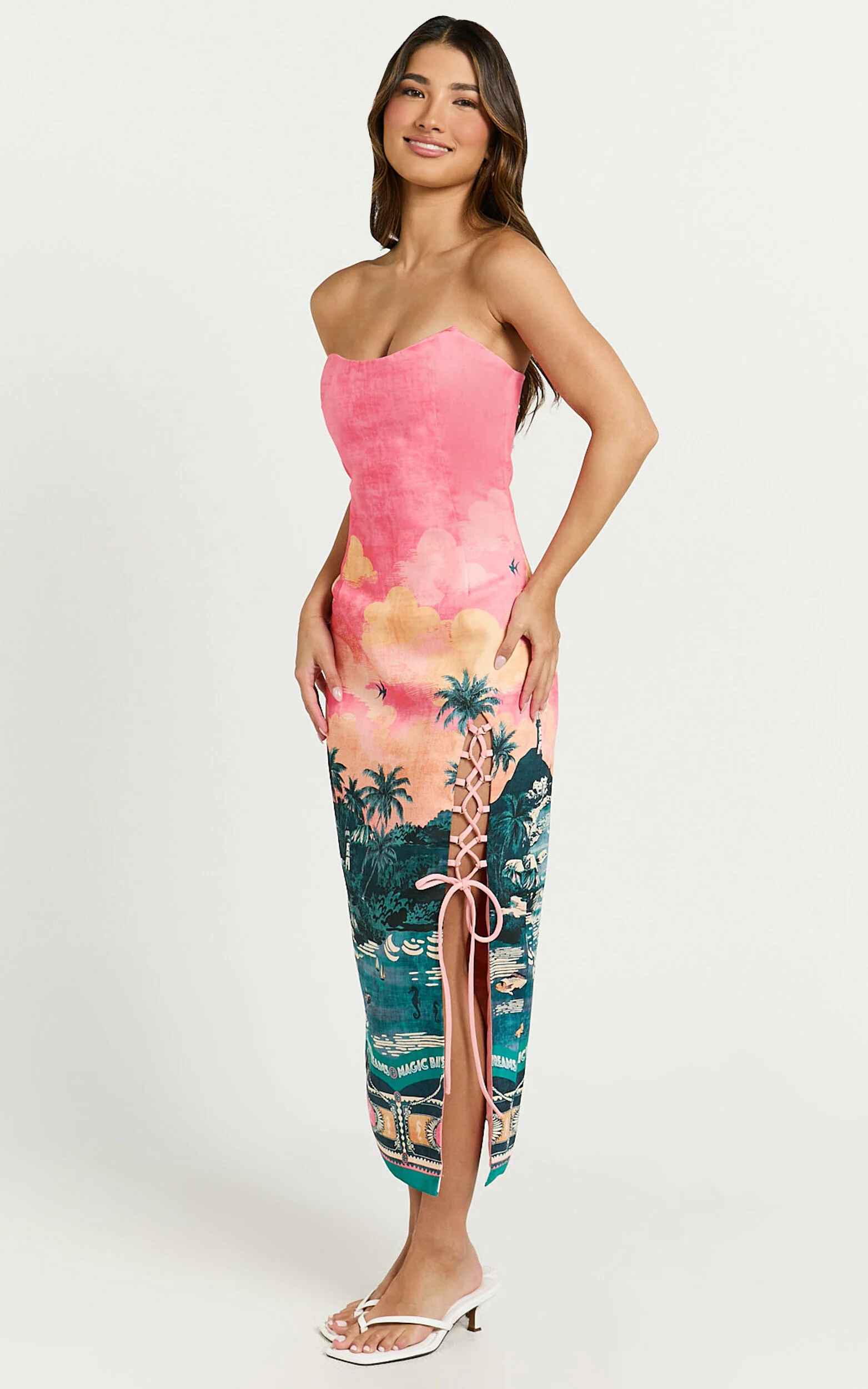 Amalie The Label - Leesha Strapless Fitted Split Leg Midi Dress in Island Sunset Print