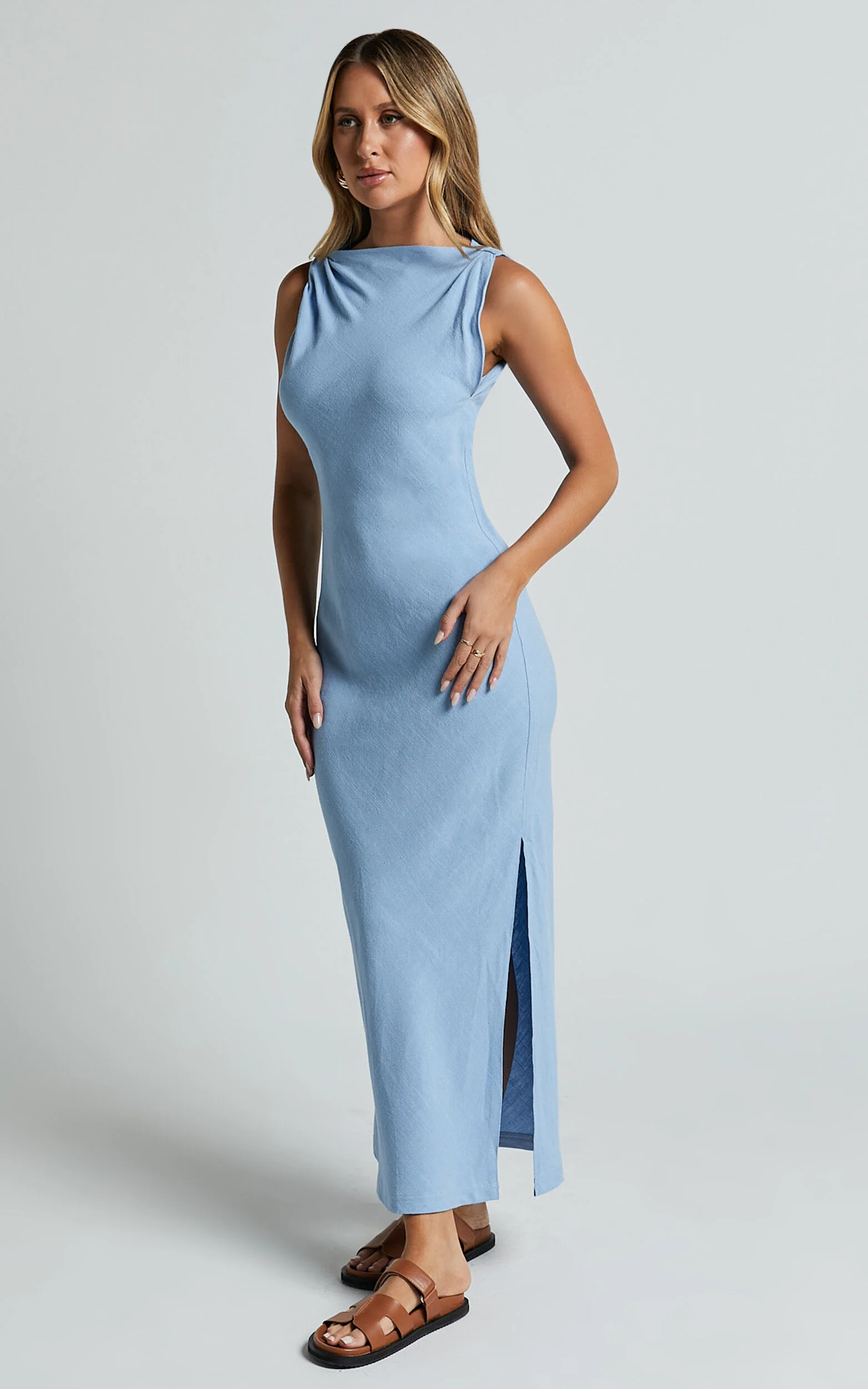 Jessenia Midi Dress - Linen High Neck Dress in Blue