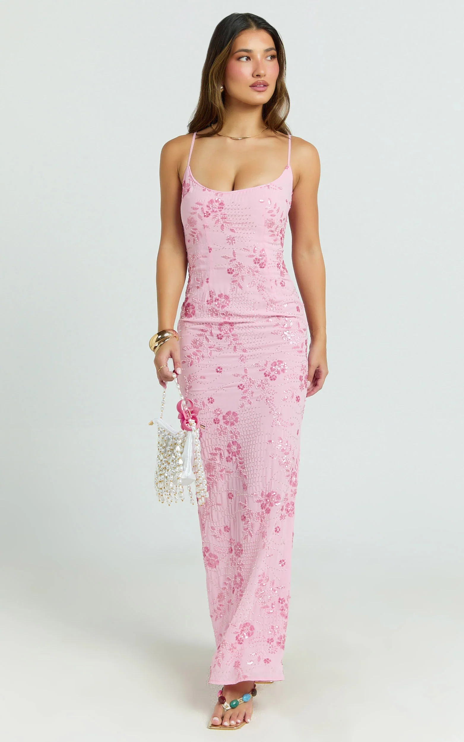 Shari Maxi Dress - Strappy Scoop Neck Column Fitted Sequin Mesh Dress in Pink