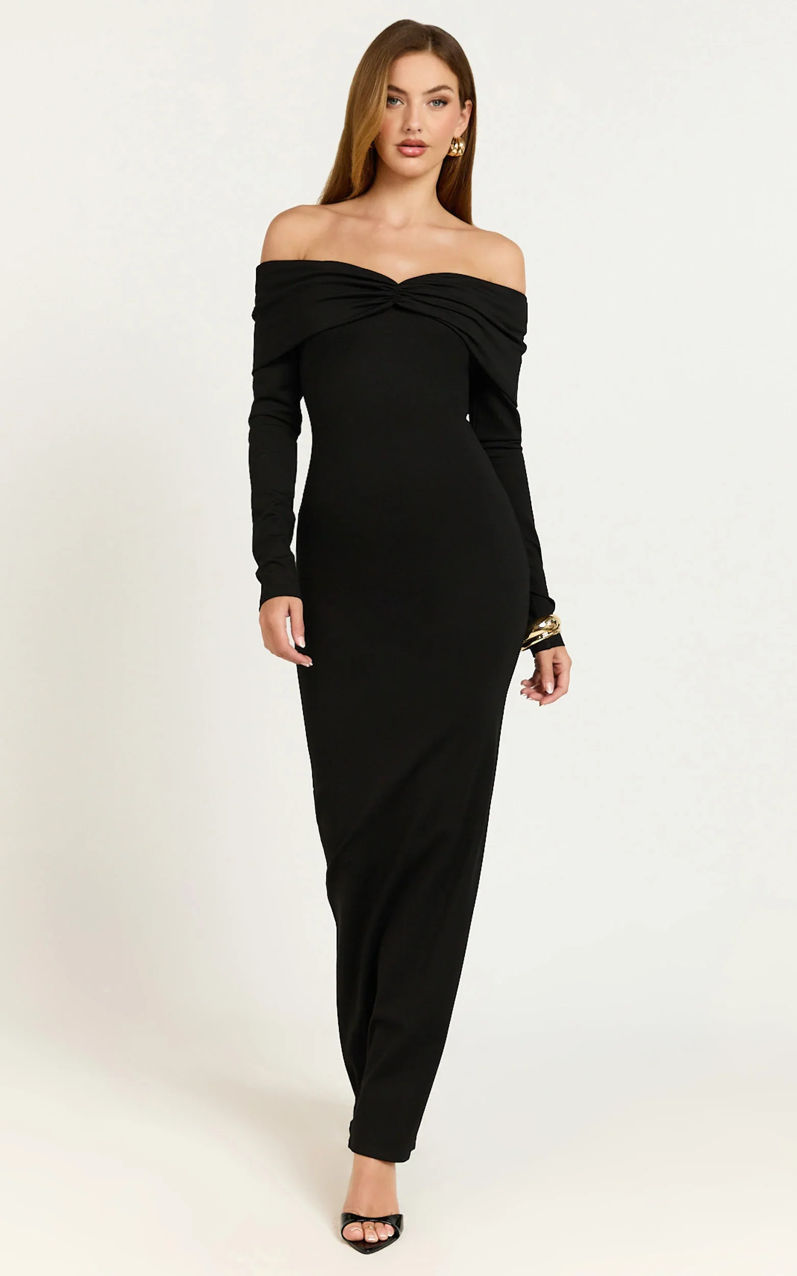 Rani Maxi Dress - Off Shoulder Long Sleeve Bodycon Dress in Black