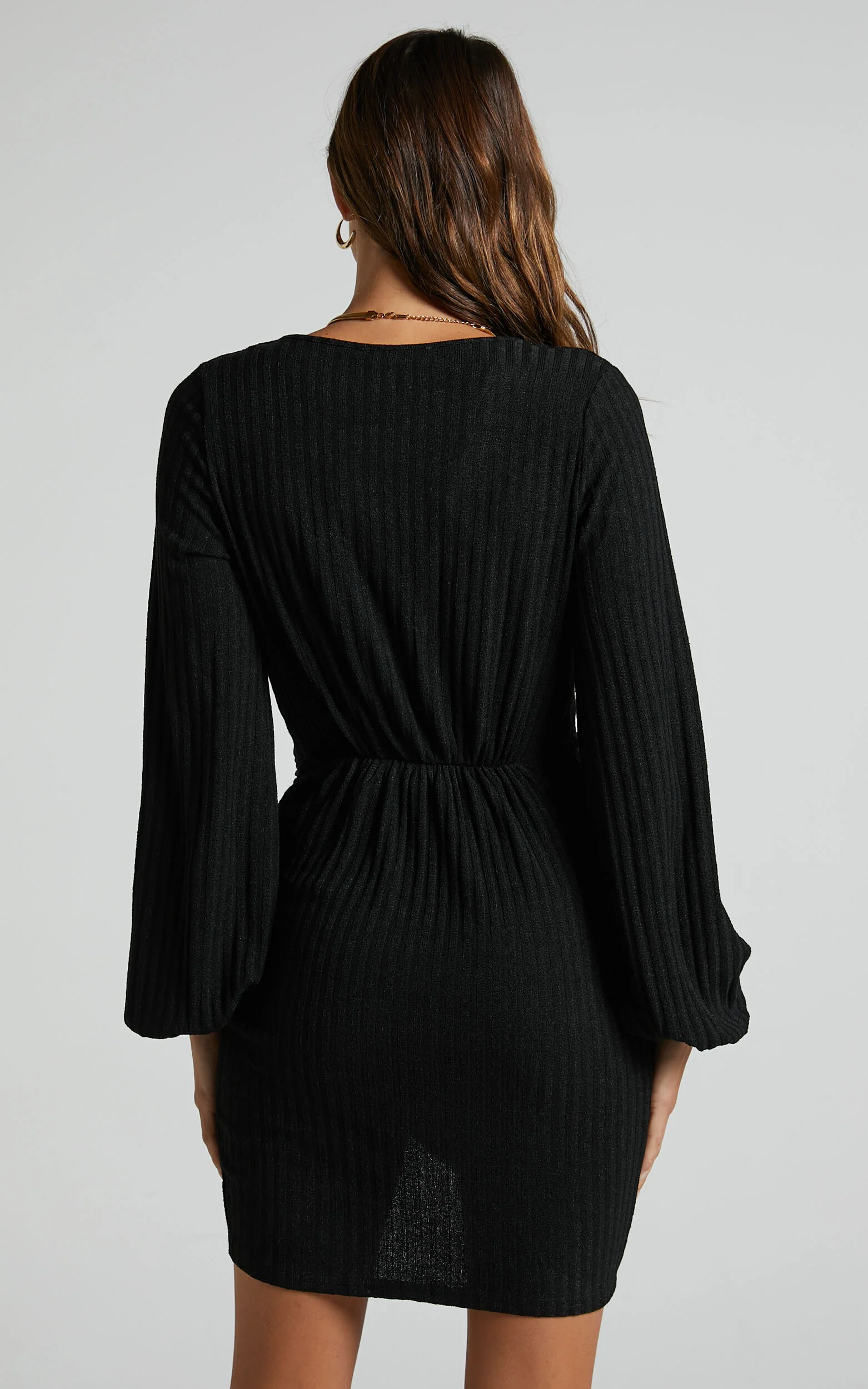 Charmine Mini Dress - Twist Front Long Sleeve Dress in Black