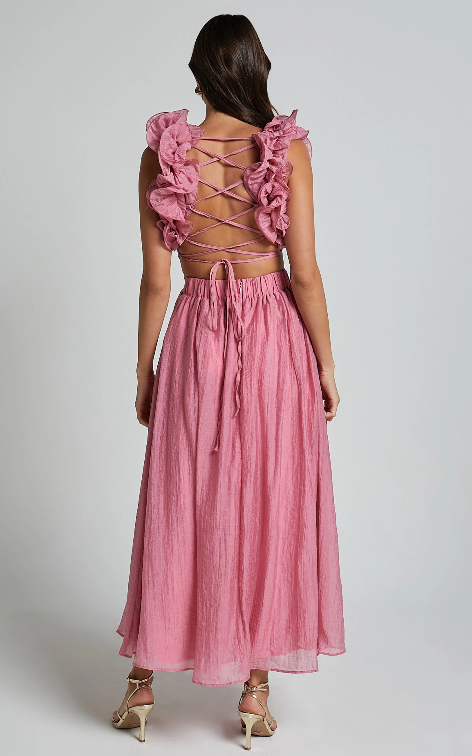 Marielly Midi Dress - Side Cut Out V Neck Ruffle Detail Sleeve Dress in Pink