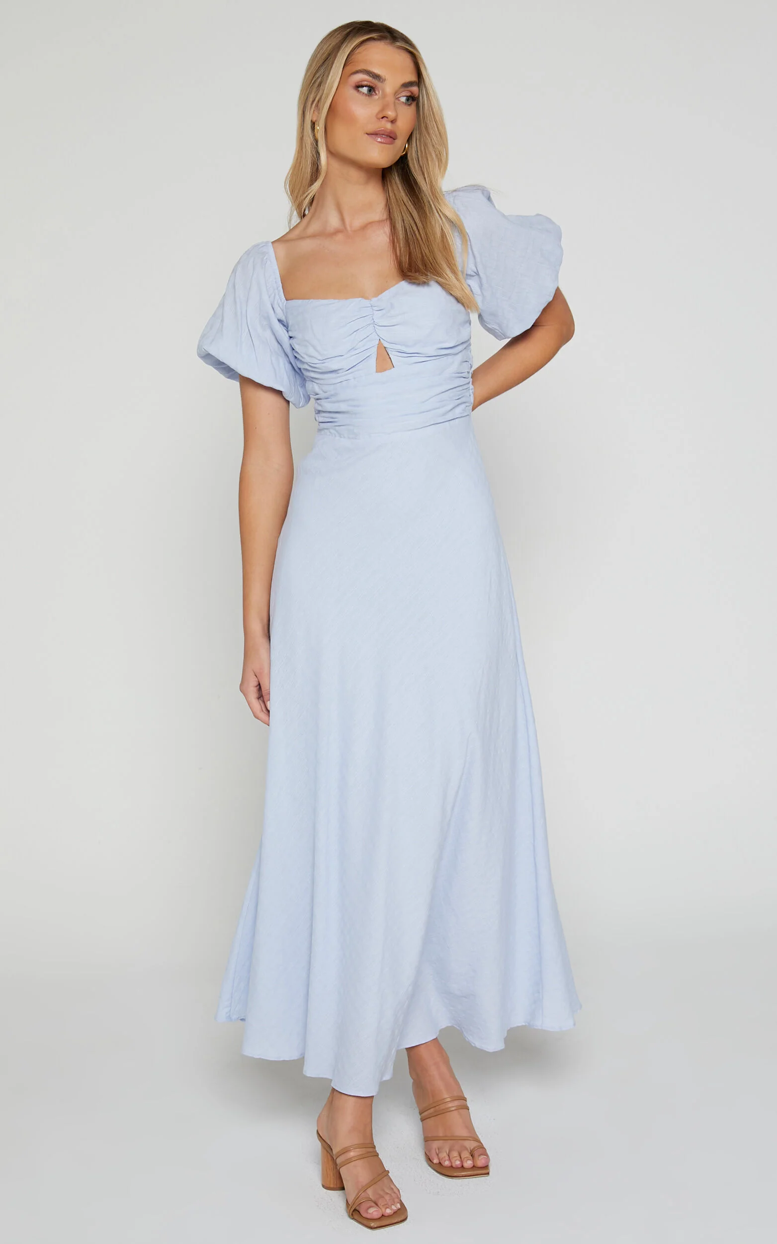 Vynna Midi Dress - Scoop Neck Puff Sleeve Ruched Bust A Line Dress in Blue