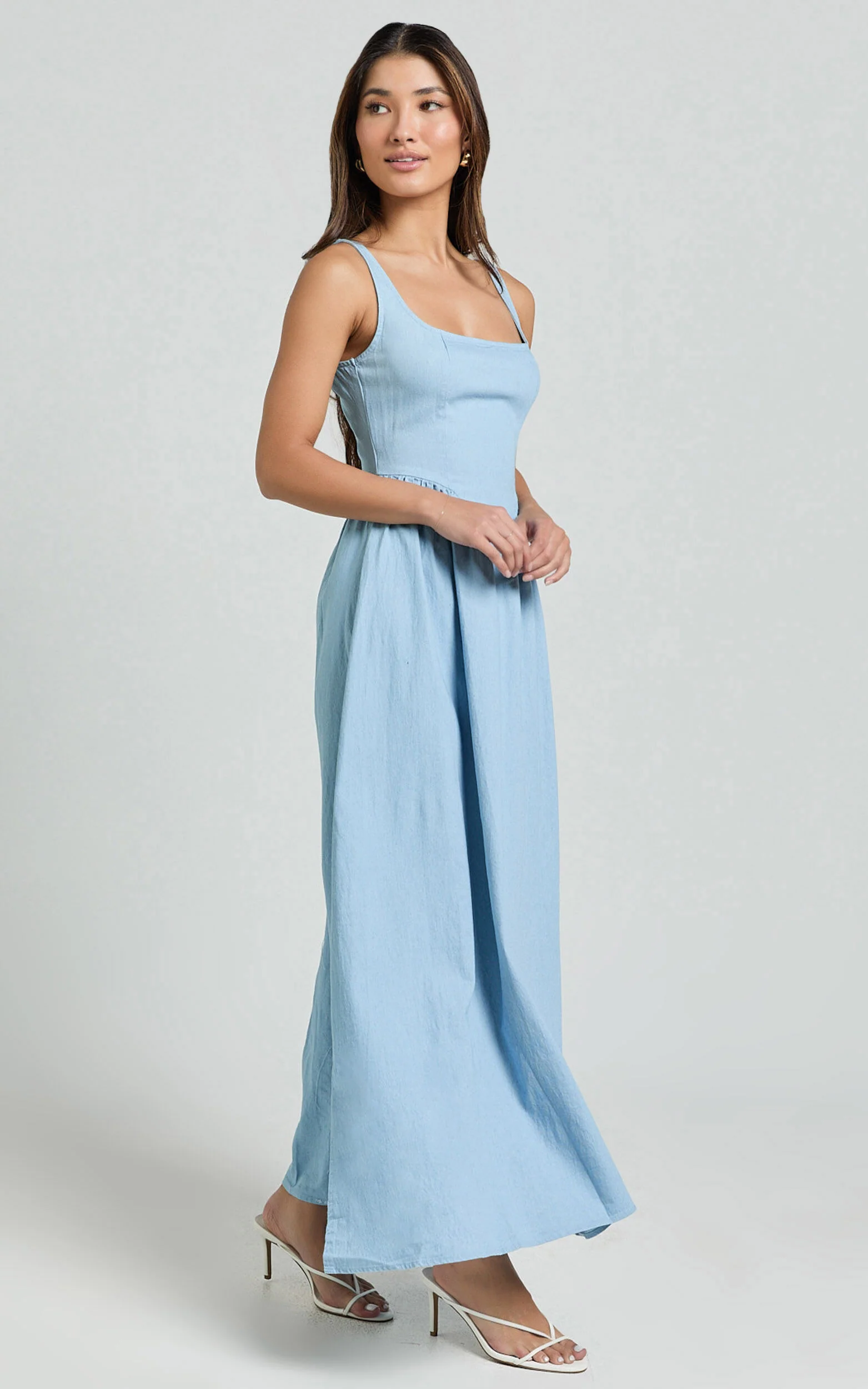 Rhaziya Midi Dress - Sleeveless Straight Neck Fit and Flare Dress in Blue
